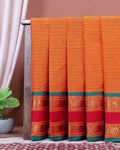 Traditional Narayanpet Cotton Saree with Striped Body Elephant Motif Zari Border & Classic Temple Weave Detailing - Orange