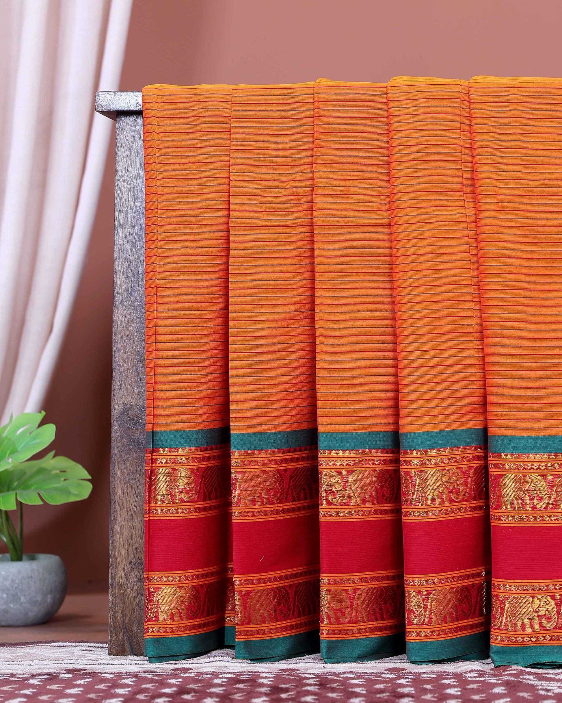 Traditional Narayanpet Cotton Saree with Striped Body Elephant Motif Zari Border & Classic Temple Weave Detailing - Orange
