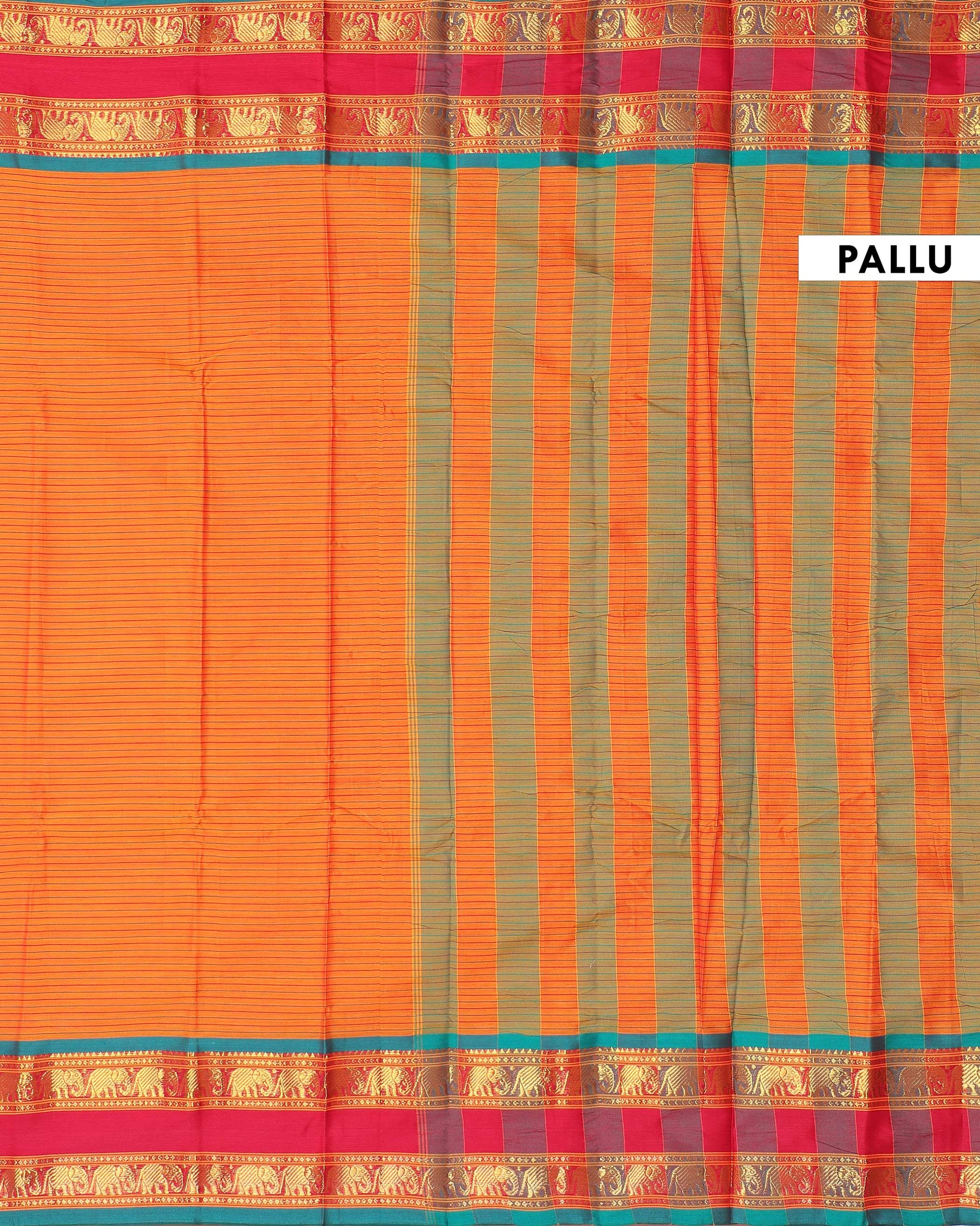 Traditional Narayanpet Cotton Saree with Striped Body Elephant Motif Zari Border & Classic Temple Weave Detailing - Orange