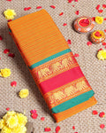 Traditional Narayanpet Cotton Saree with Striped Body Elephant Motif Zari Border & Classic Temple Weave Detailing - Orange