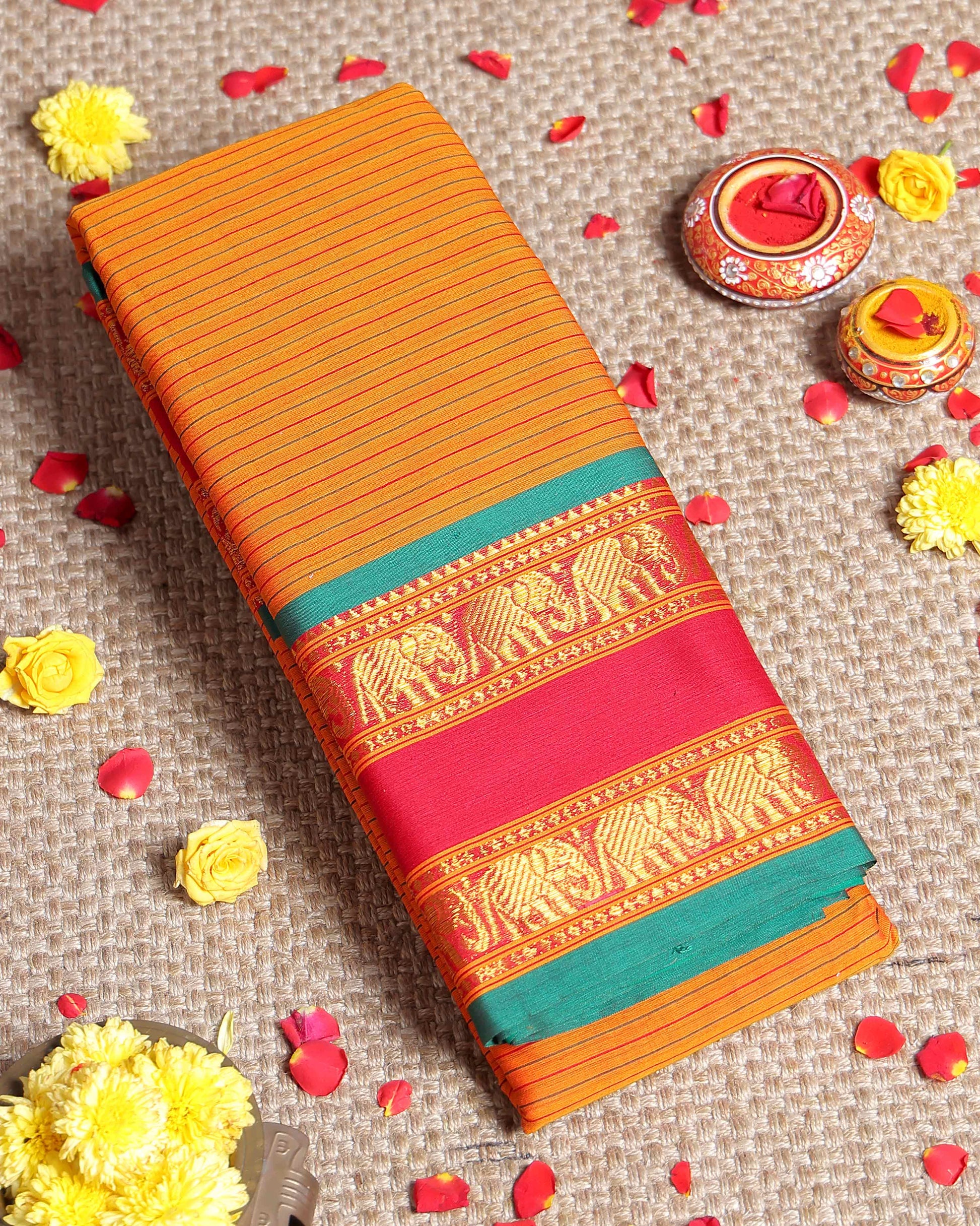 Traditional Narayanpet Cotton Saree with Striped Body Elephant Motif Zari Border & Classic Temple Weave Detailing - Orange