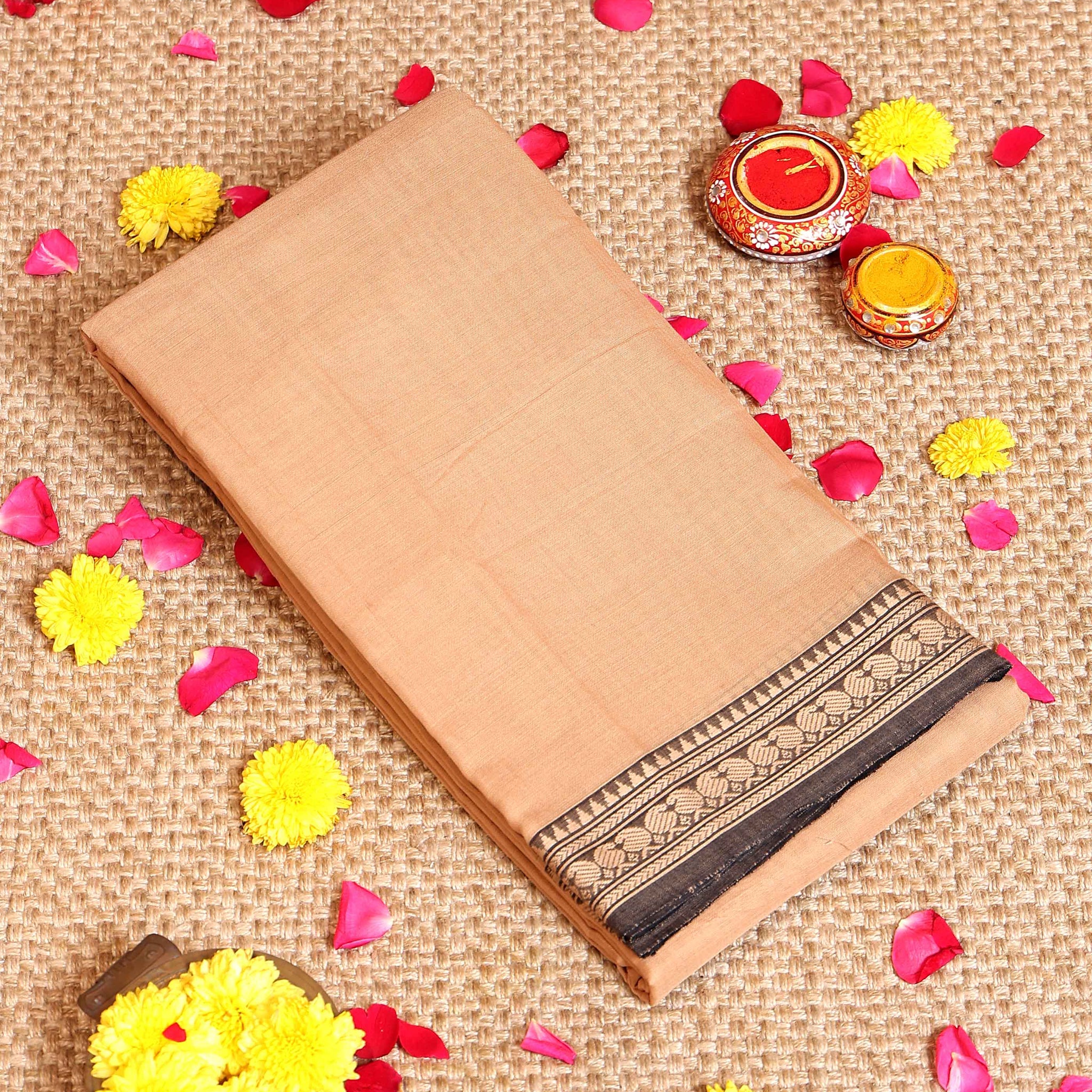 Traditional Narayanpet Cotton Saree with Striped Pattern and Zari Woven Temple Border - Sandal