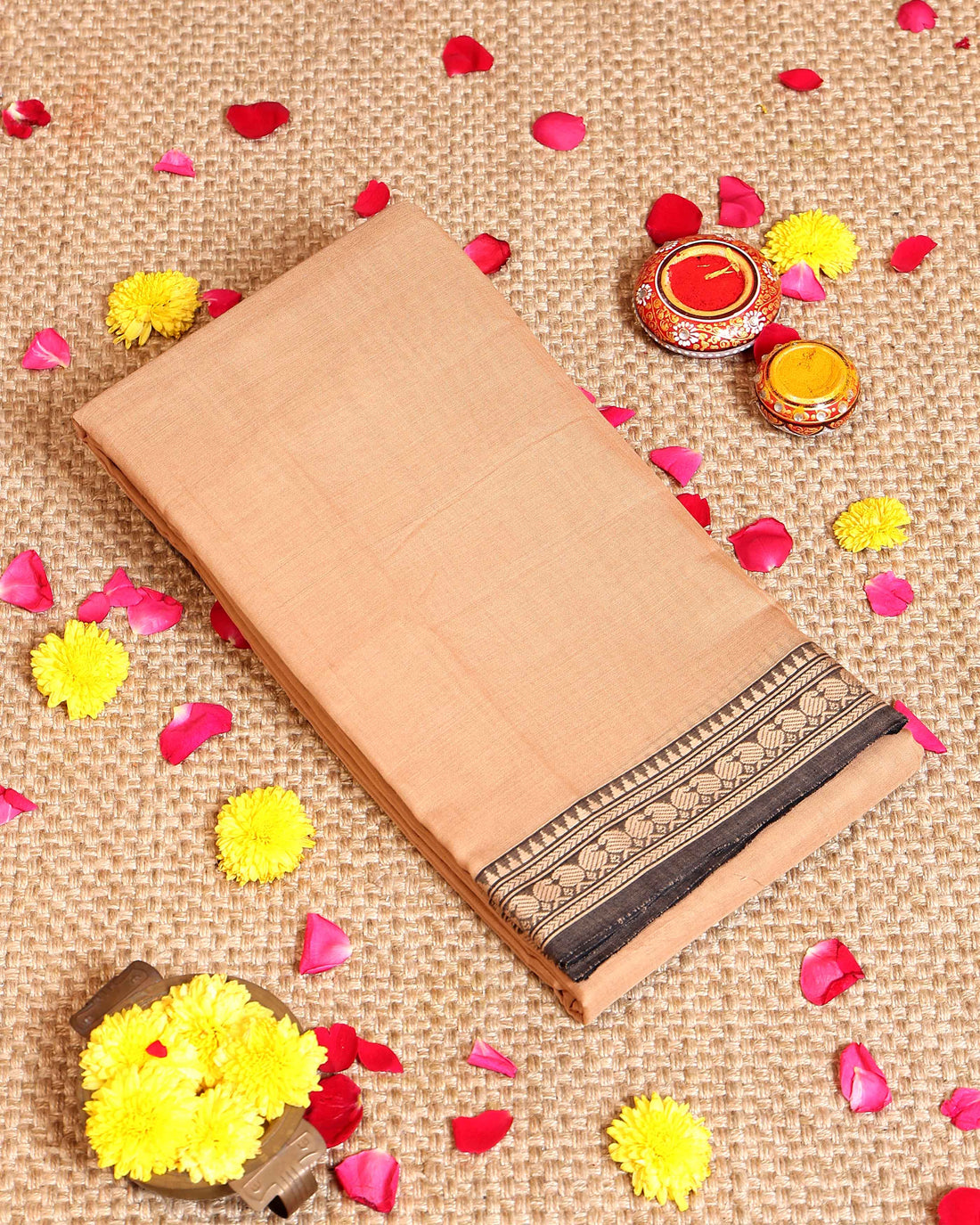 Traditional Narayanpet Cotton Saree with Striped Pattern and Zari Woven Temple Border - Sandal