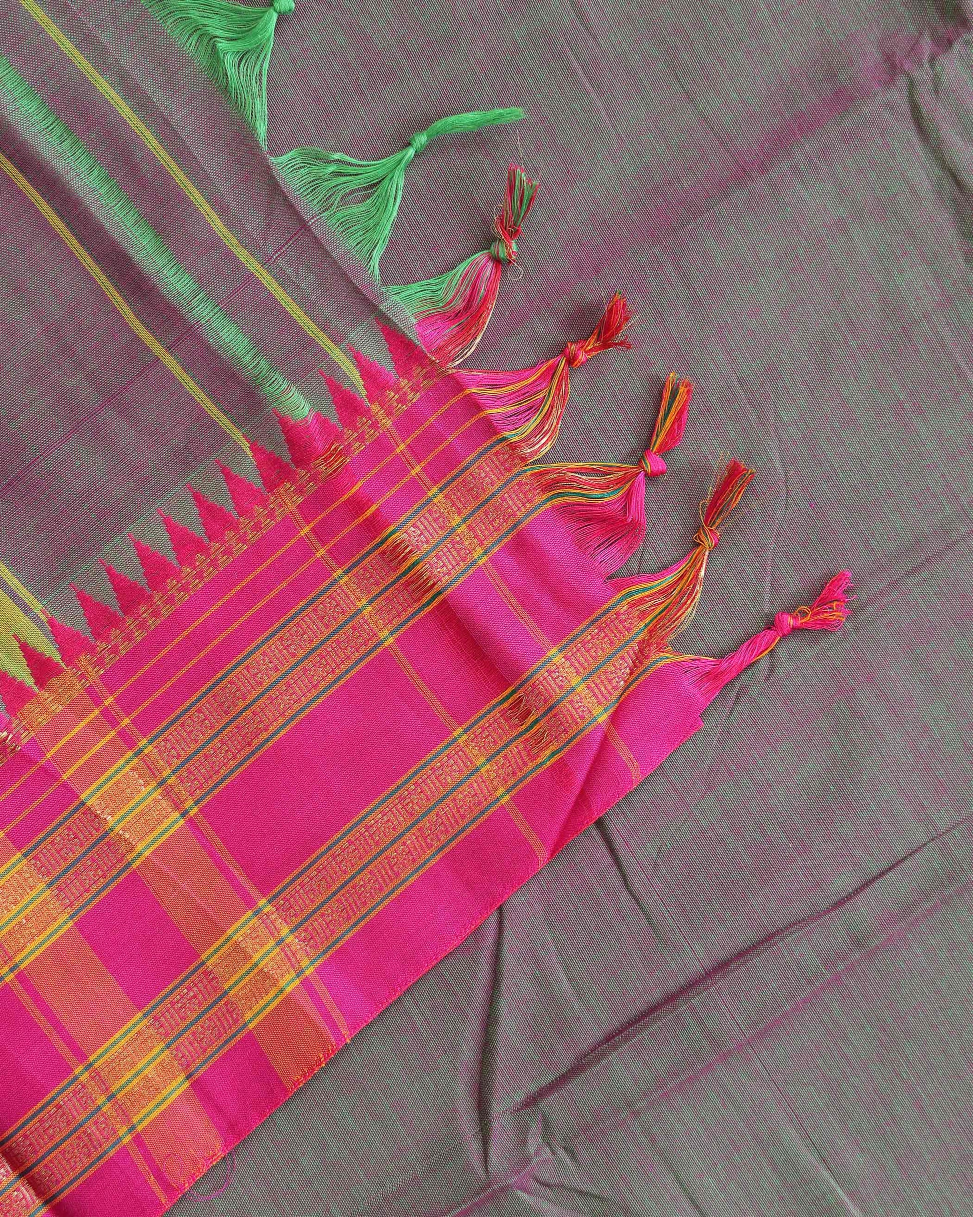 Traditional Narayanpet Cotton Saree with Temple Border Design Handloom Weave & Contrast Zari Accents - Green