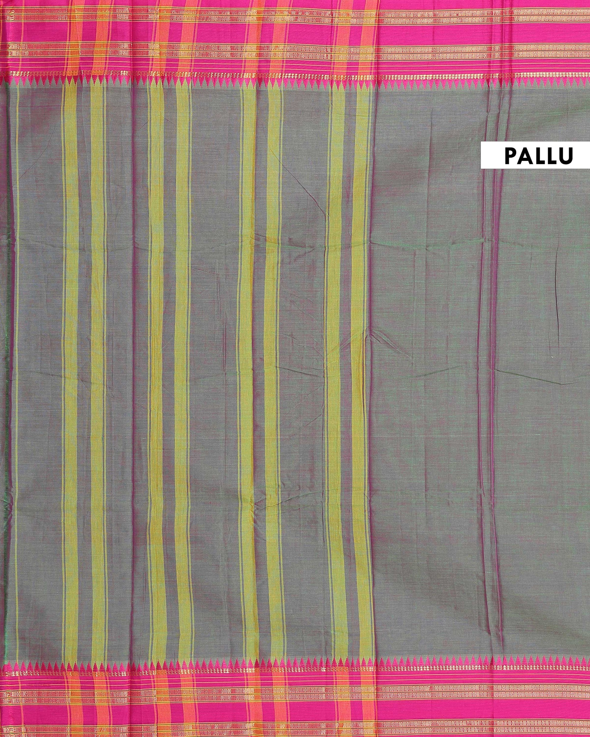 Traditional Narayanpet Cotton Saree with Temple Border Design Handloom Weave & Contrast Zari Accents - Green