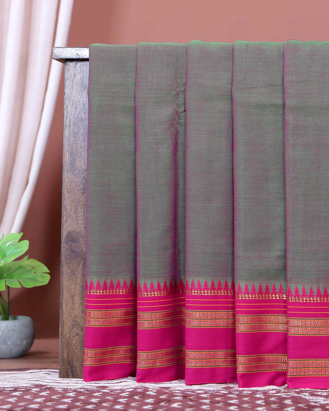Traditional Narayanpet Cotton Saree with Temple Border Design Handloom Weave & Contrast Zari Accents - Green