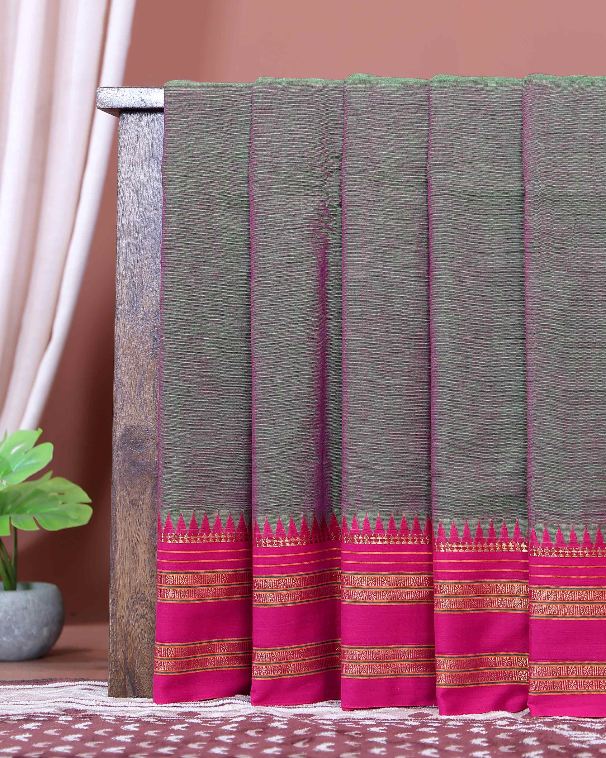 Traditional Narayanpet Cotton Saree with Temple Border Design Handloom Weave & Contrast Zari Accents - Green