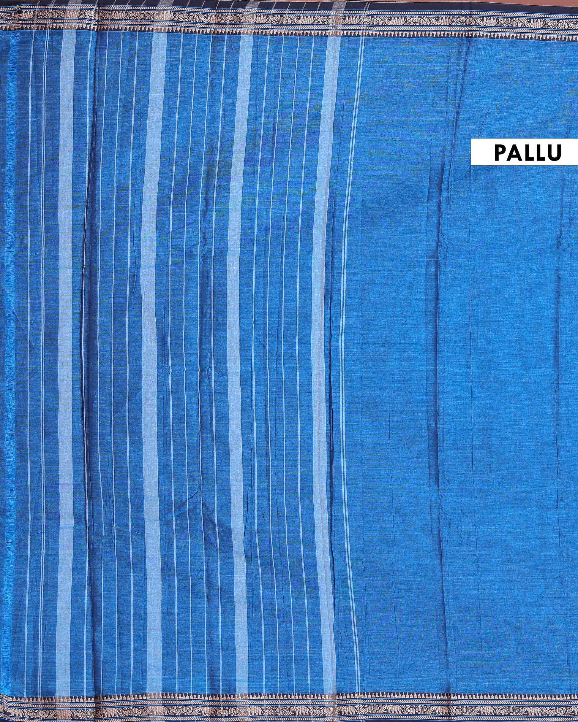 Traditional Narayanpet Cotton Saree with Temple Border Elephant Motif Zari Design & Fine Handloom Texture Weave - Blue