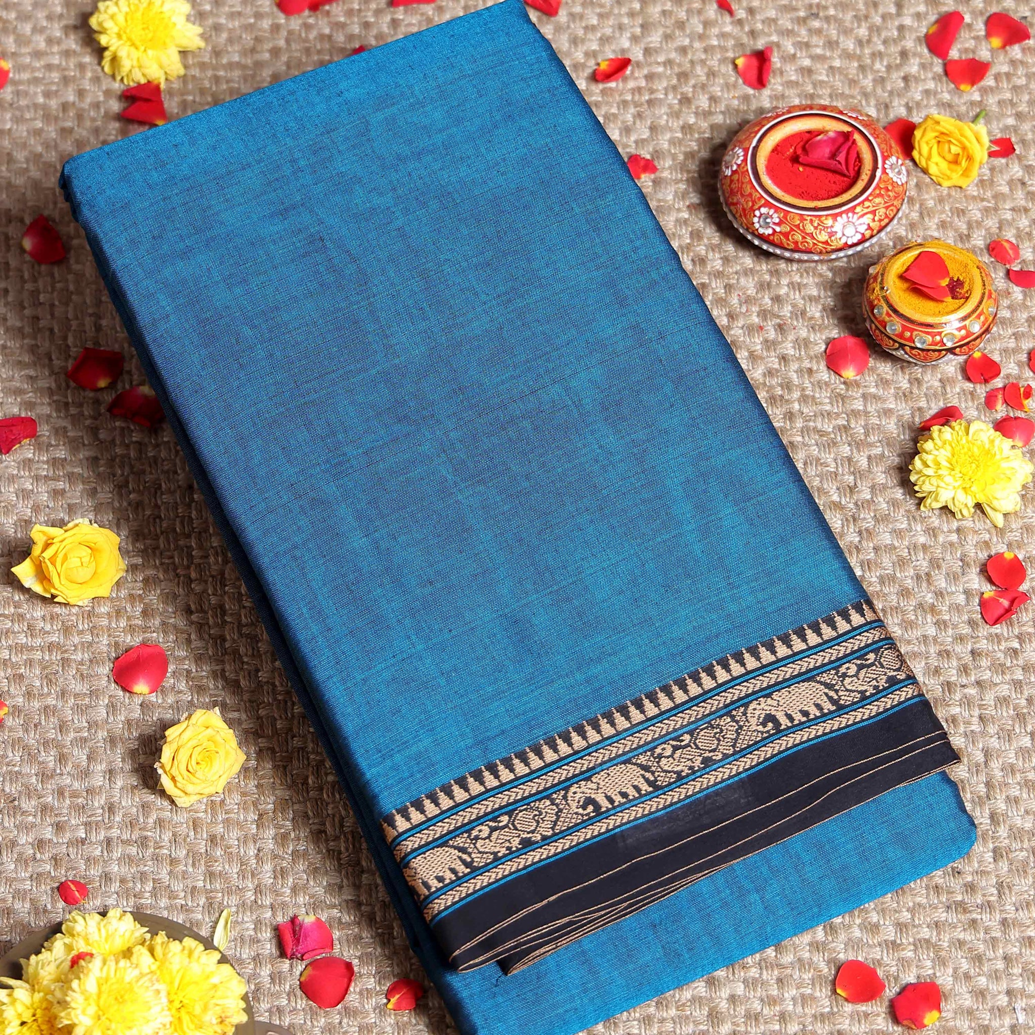 Traditional Narayanpet Cotton Saree with Temple Border Elephant Motif Zari Design & Fine Handloom Texture Weave - Blue