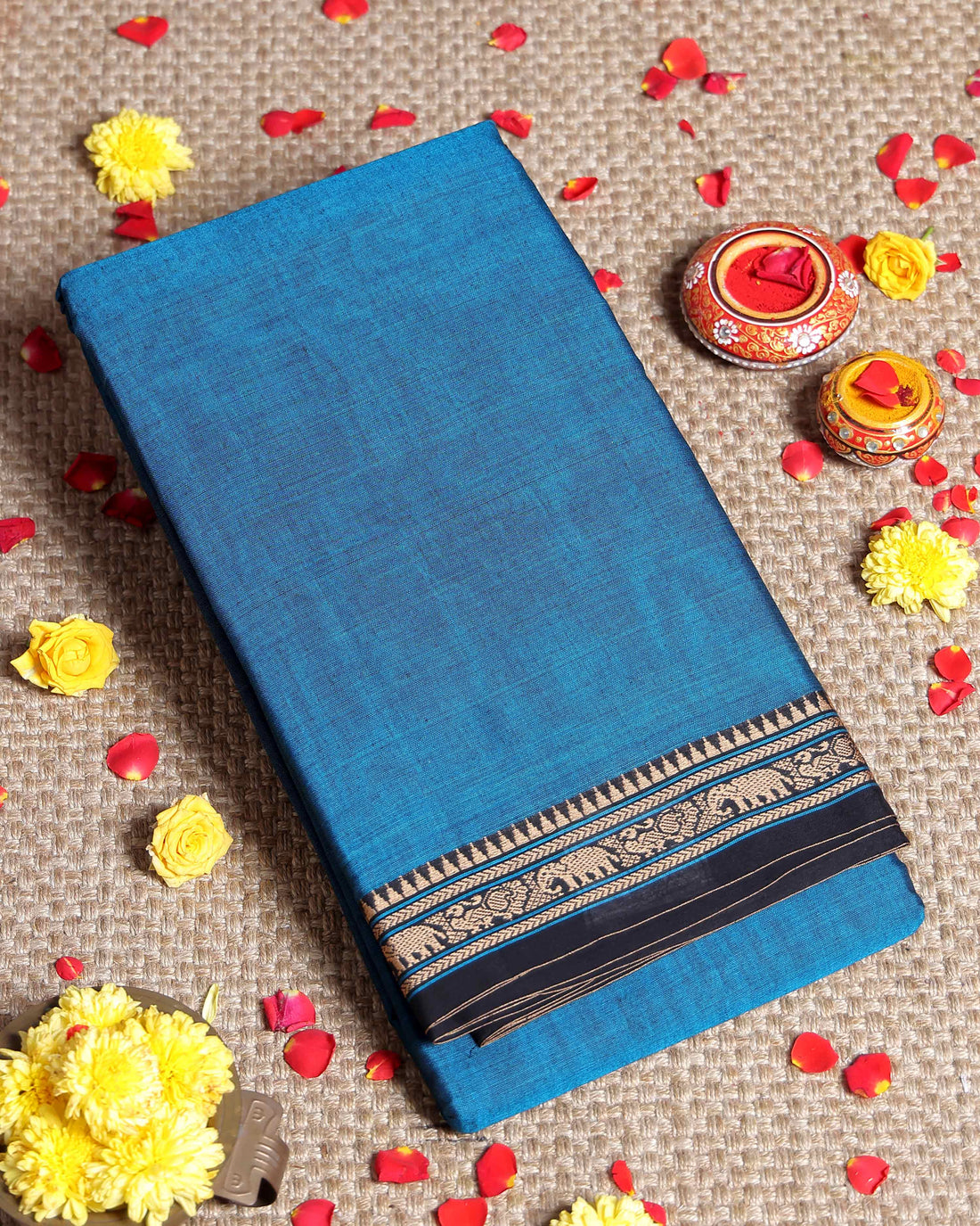 Traditional Narayanpet Cotton Saree with Temple Border Elephant Motif Zari Design & Fine Handloom Texture Weave - Blue