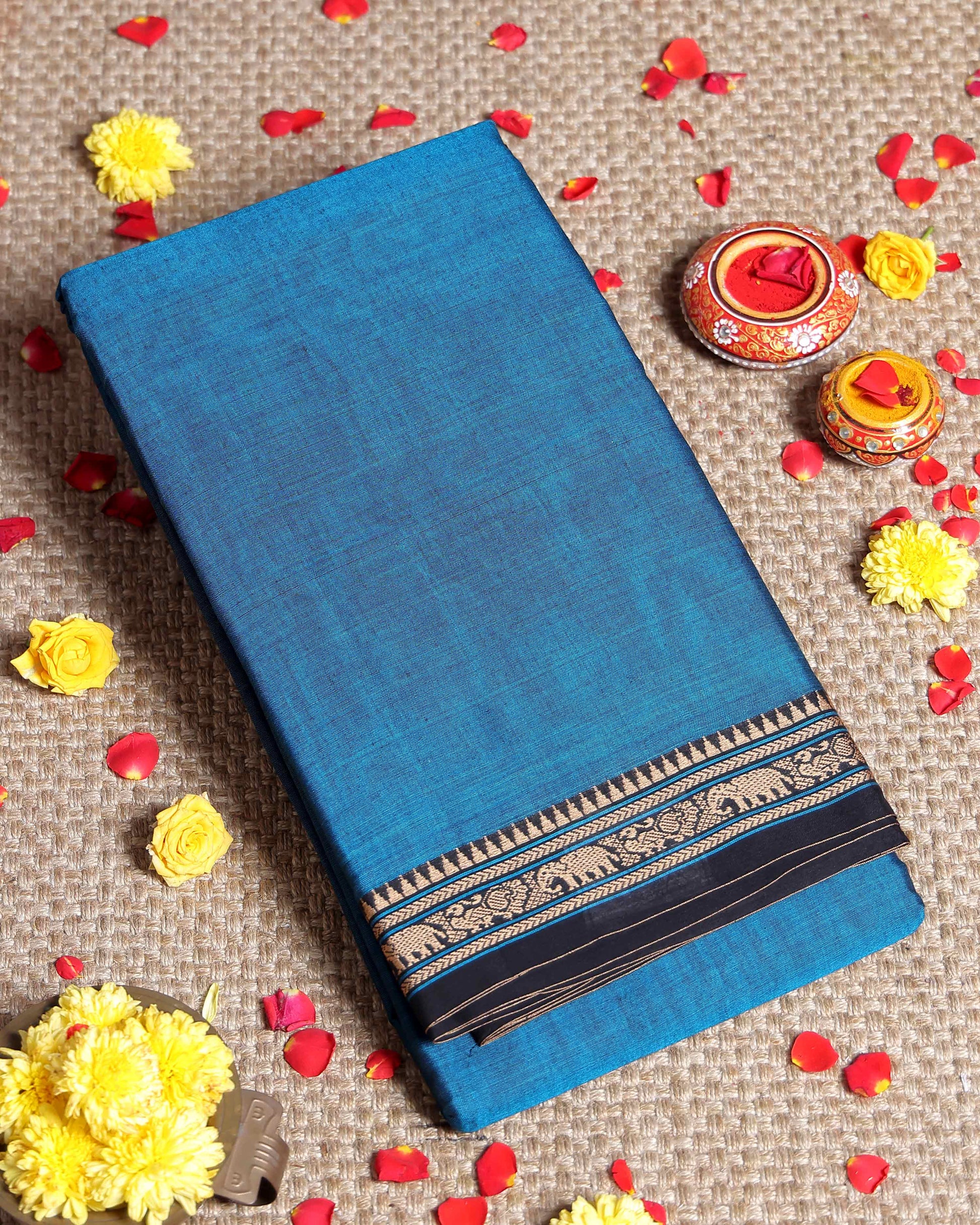 Traditional Narayanpet Cotton Saree with Temple Border Elephant Motif Zari Design & Fine Handloom Texture Weave - Blue
