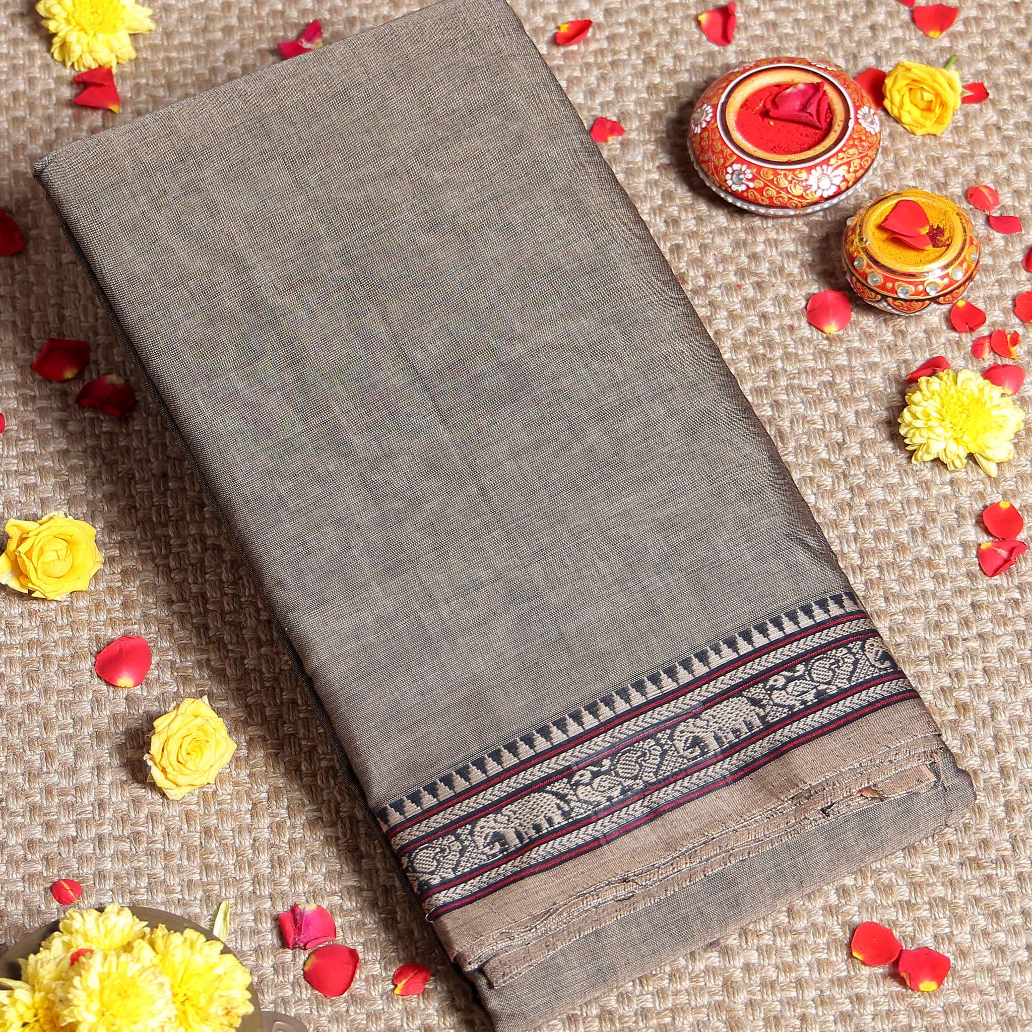 Traditional Narayanpet Cotton Saree with Temple Border Elephant Motif Zari Design & Fine Handloom Texture Weave - Grey