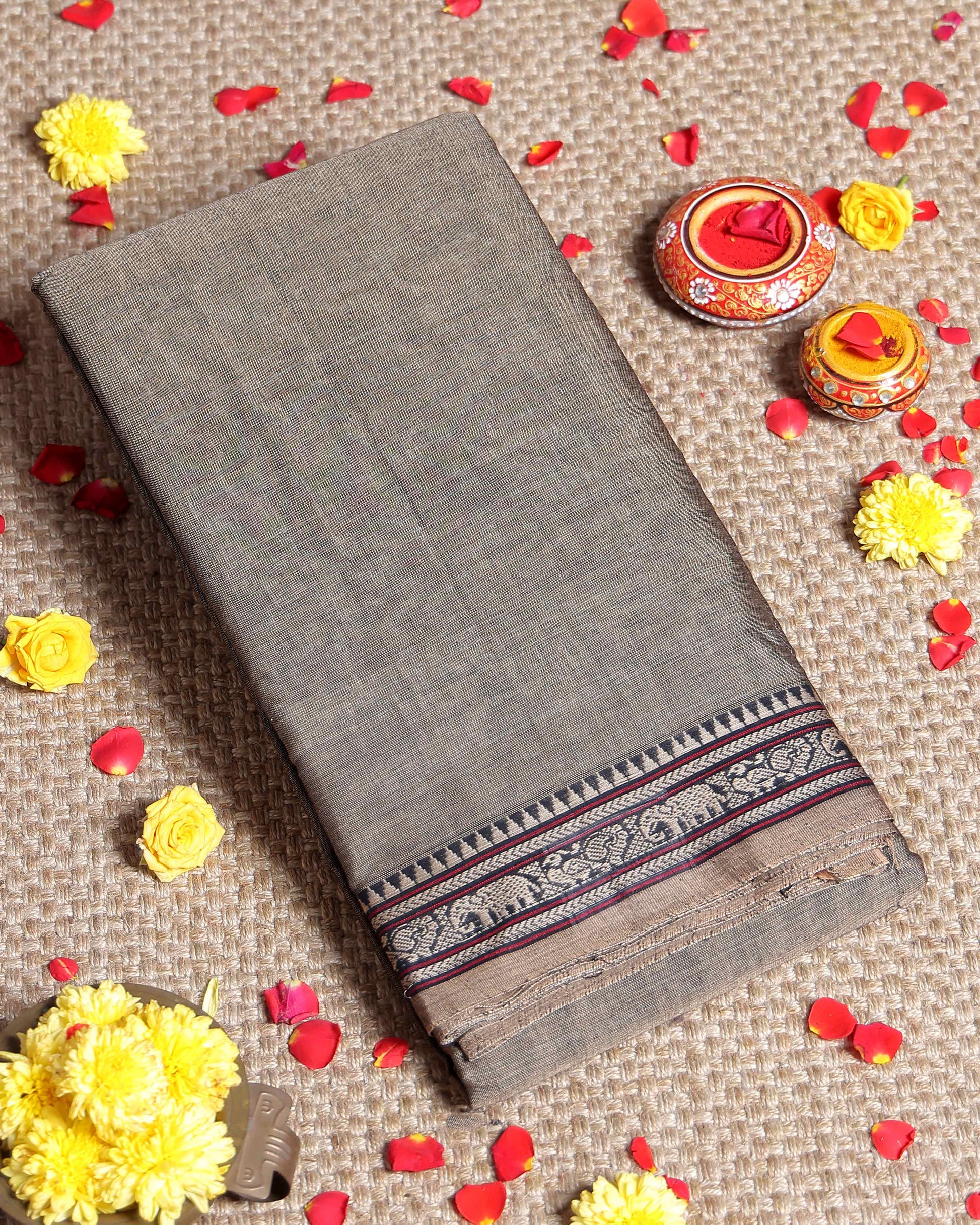 Traditional Narayanpet Cotton Saree with Temple Border Elephant Motif Zari Design & Fine Handloom Texture Weave - Grey