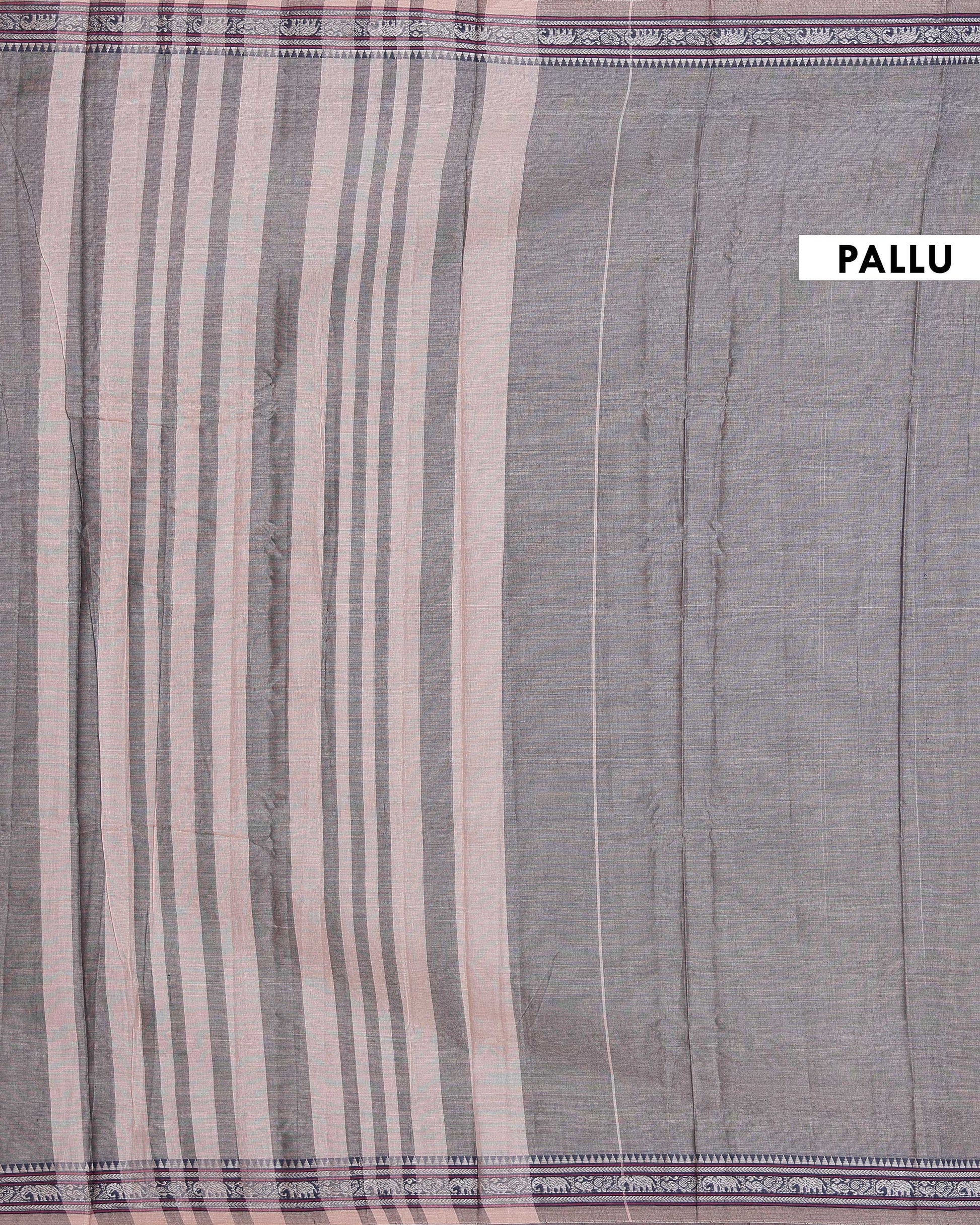 Traditional Narayanpet Cotton Saree with Temple Border Elephant Motif Zari Design & Fine Handloom Texture Weave - Grey