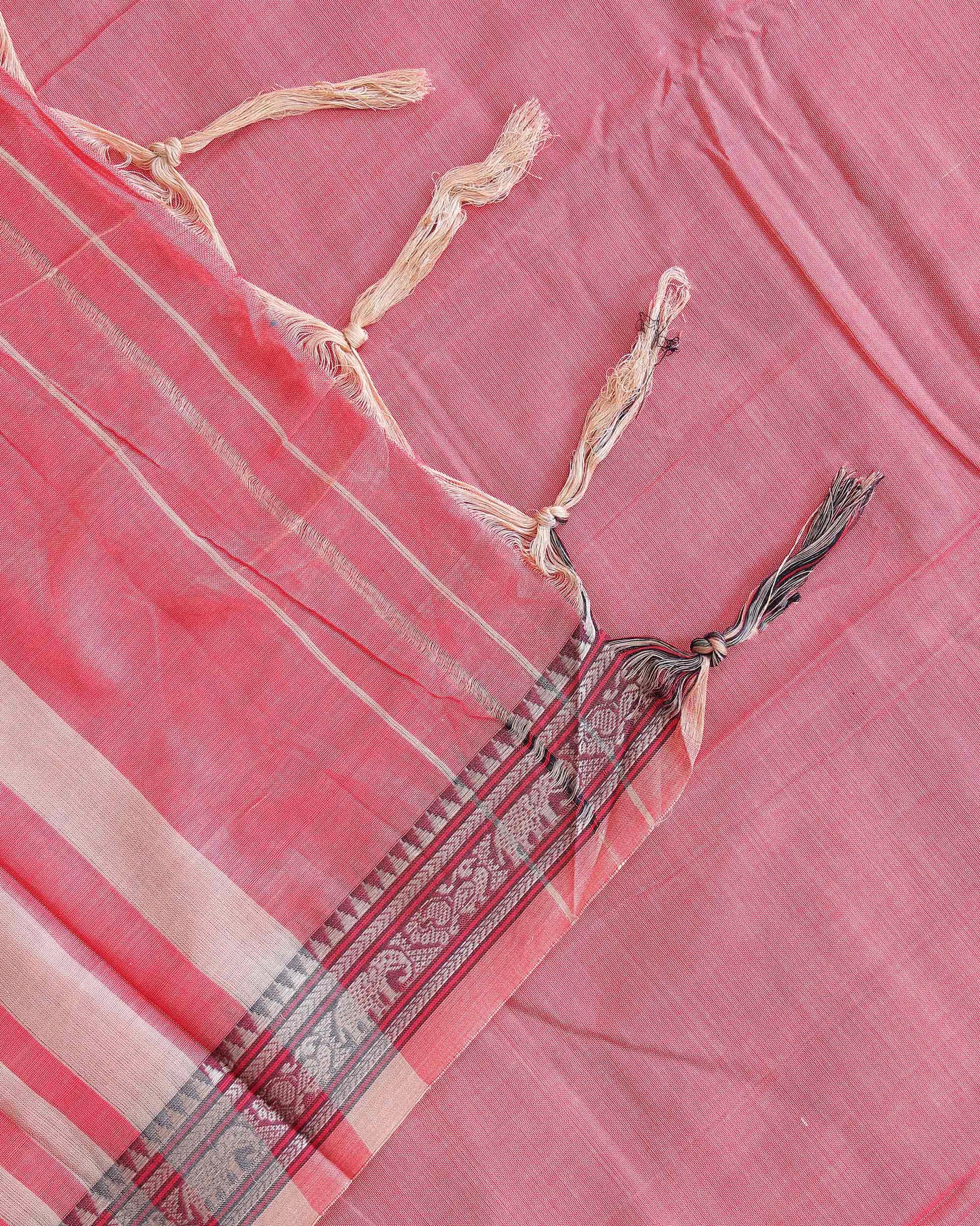 Traditional Narayanpet Cotton Saree with Temple Border Elephant Motif Zari Design & Fine Handloom Texture Weave - Pink