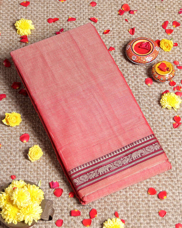 Traditional Narayanpet Cotton Saree with Temple Border Elephant Motif Zari Design & Fine Handloom Texture Weave - Pink