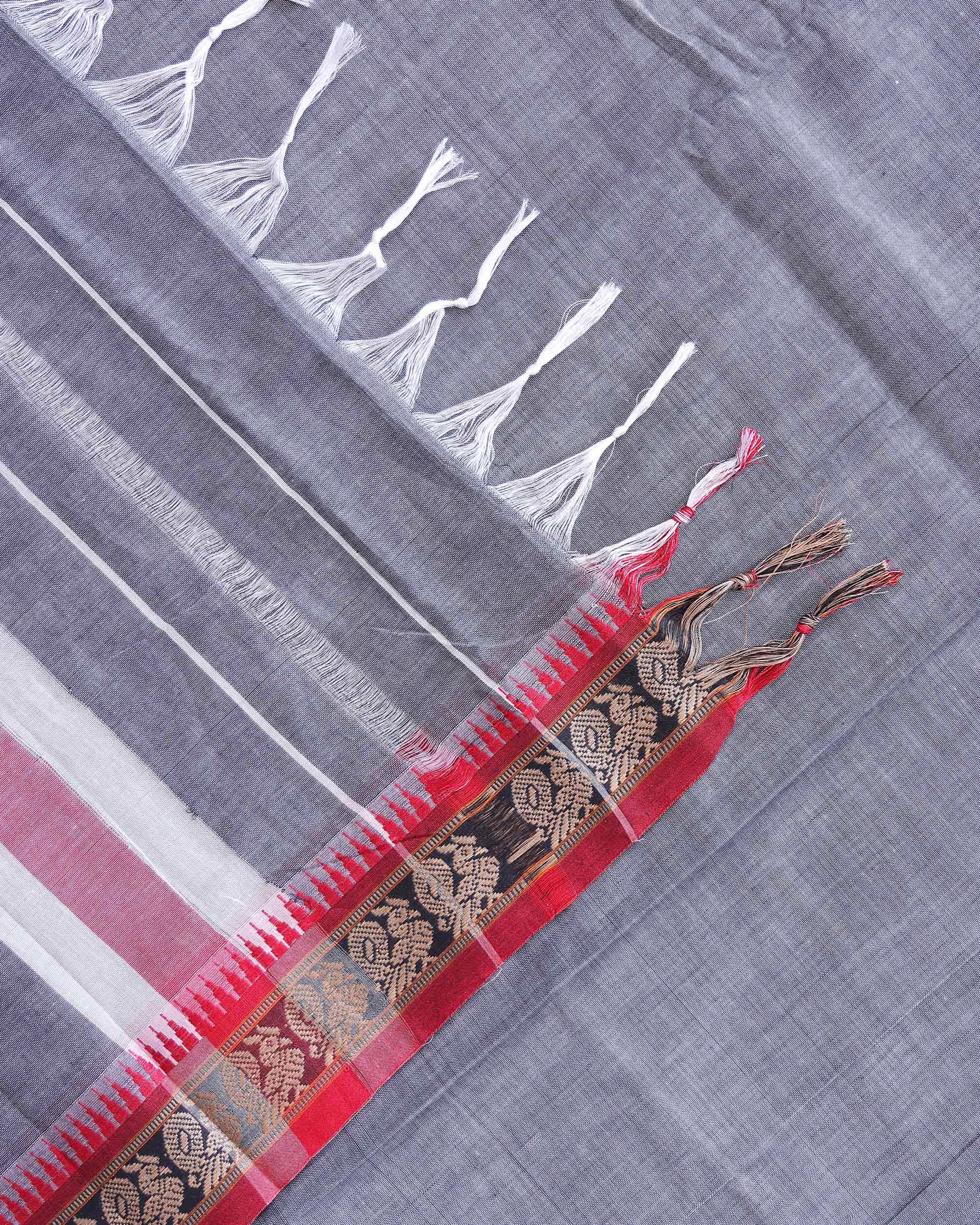 Traditional Narayanpet Cotton Saree with Temple Border Intricate Zari Floral Motifs & Fine Handloom Texture Weave - Grey