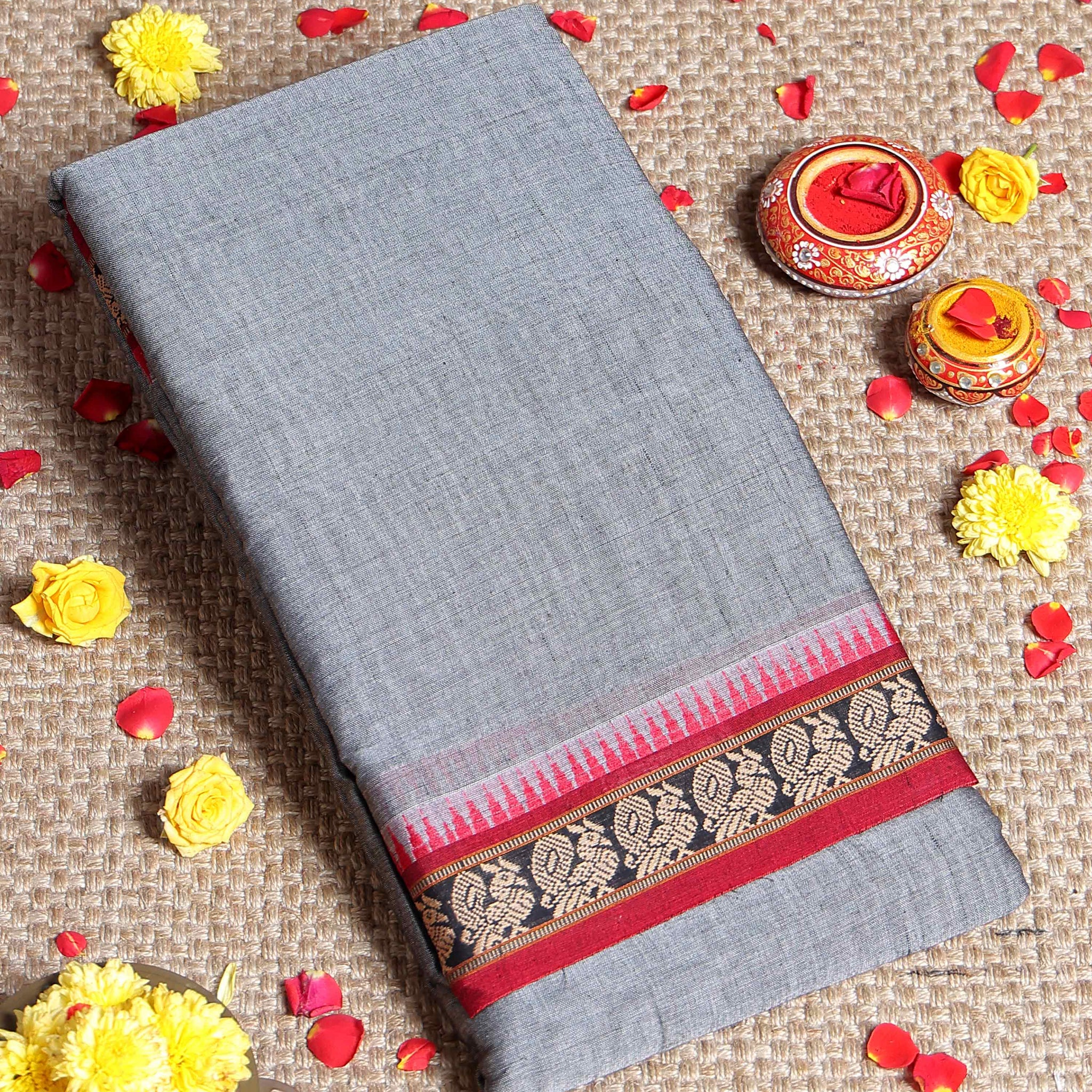 Traditional Narayanpet Cotton Saree with Temple Border Intricate Zari Floral Motifs & Fine Handloom Texture Weave - Grey