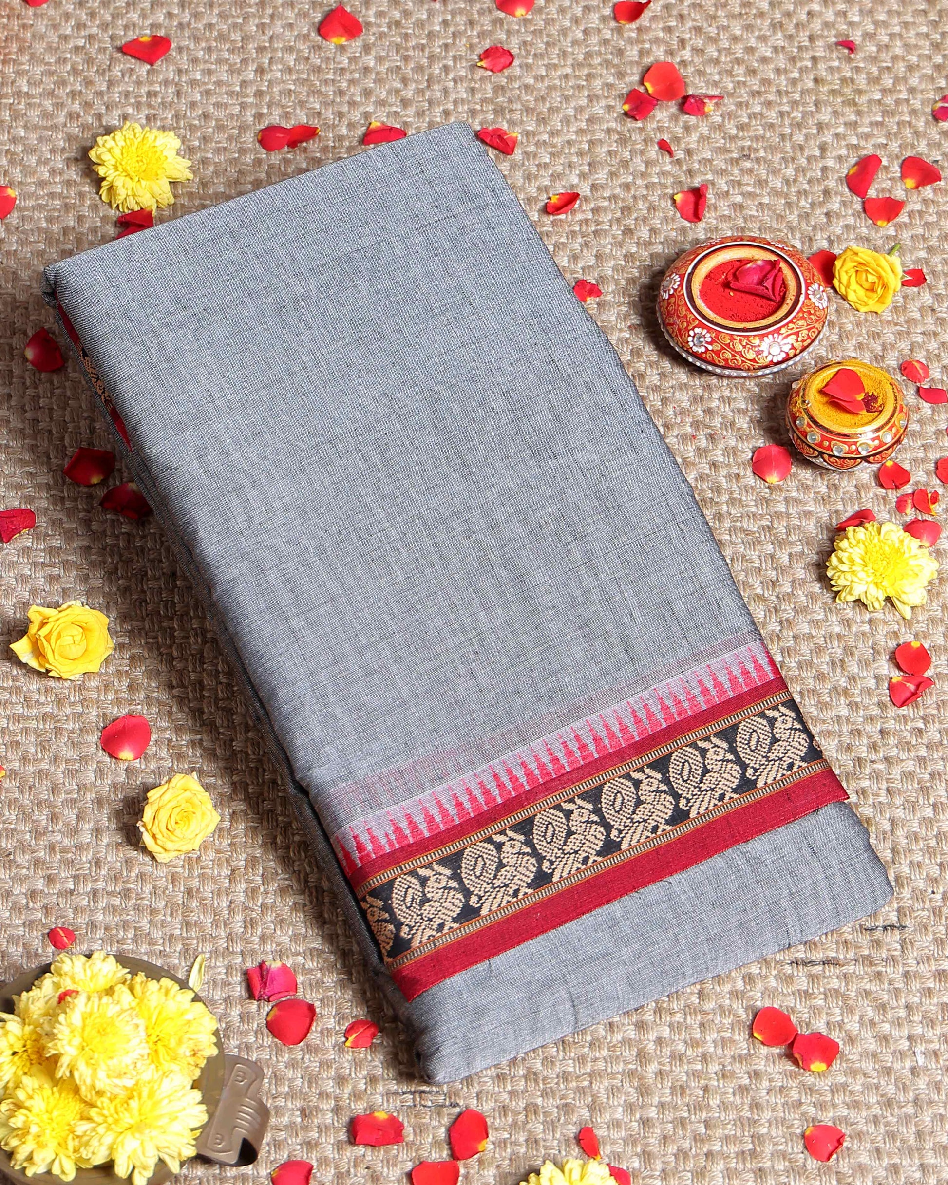 Traditional Narayanpet Cotton Saree with Temple Border Intricate Zari Floral Motifs & Fine Handloom Texture Weave - Grey