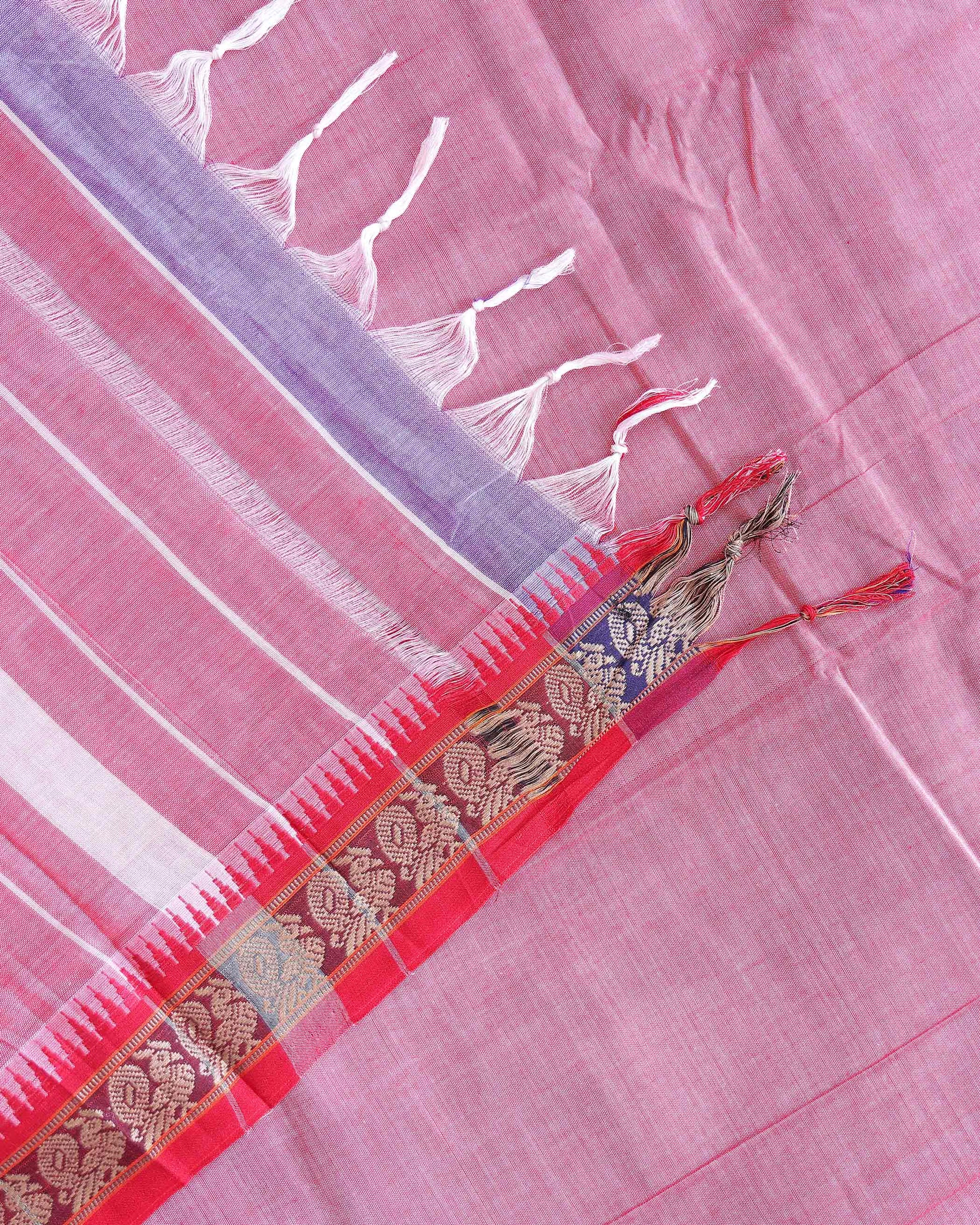 Traditional Narayanpet Cotton Saree with Temple Border Intricate Zari Floral Motifs & Fine Handloom Texture Weave - Pink