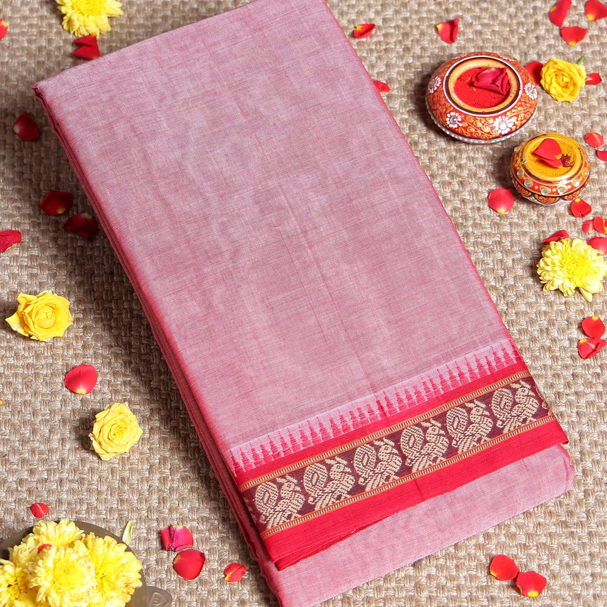 Traditional Narayanpet Cotton Saree with Temple Border Intricate Zari Floral Motifs & Fine Handloom Texture Weave - Pink