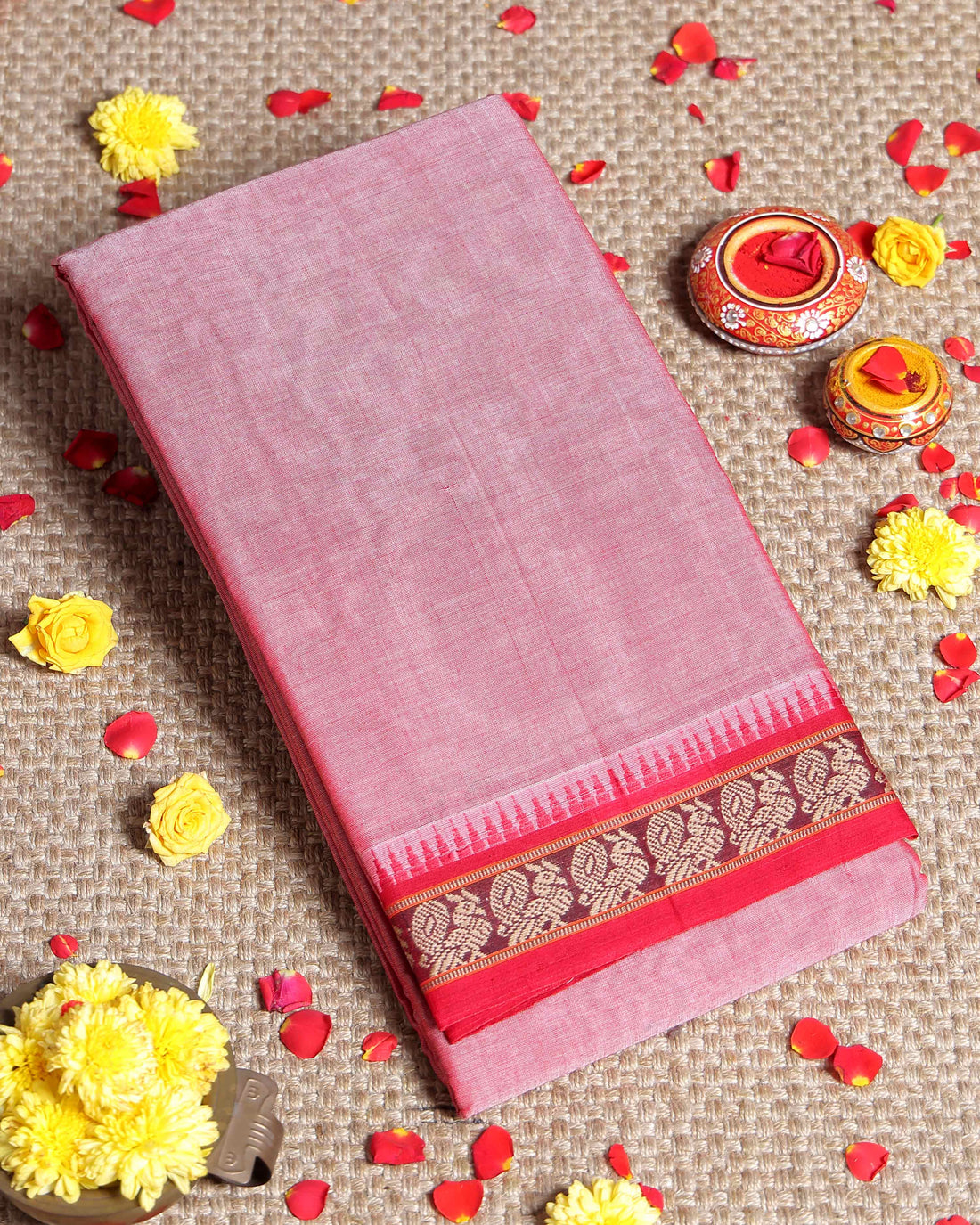 Traditional Narayanpet Cotton Saree with Temple Border Intricate Zari Floral Motifs & Fine Handloom Texture Weave - Pink