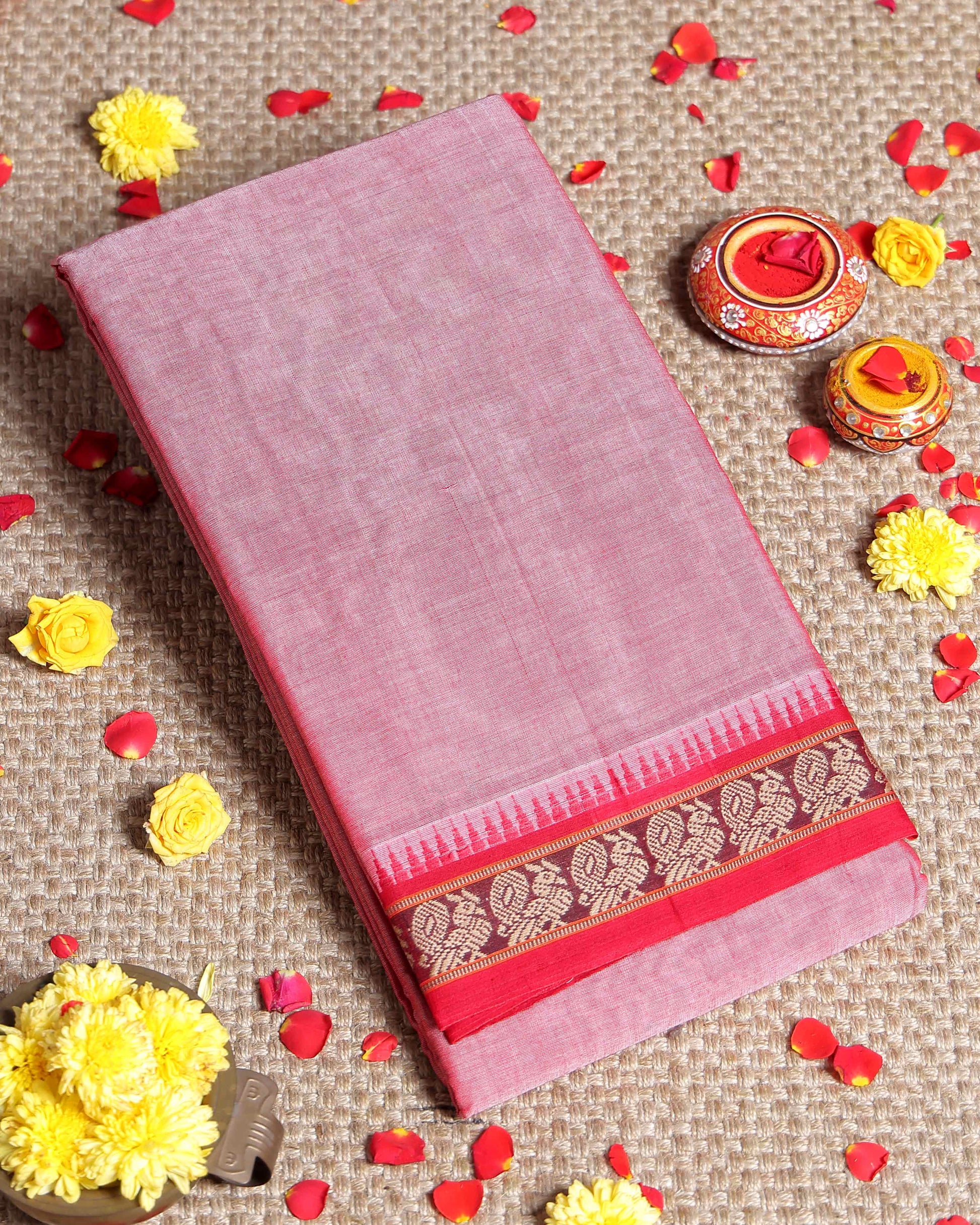 Traditional Narayanpet Cotton Saree with Temple Border Intricate Zari Floral Motifs & Fine Handloom Texture Weave - Pink