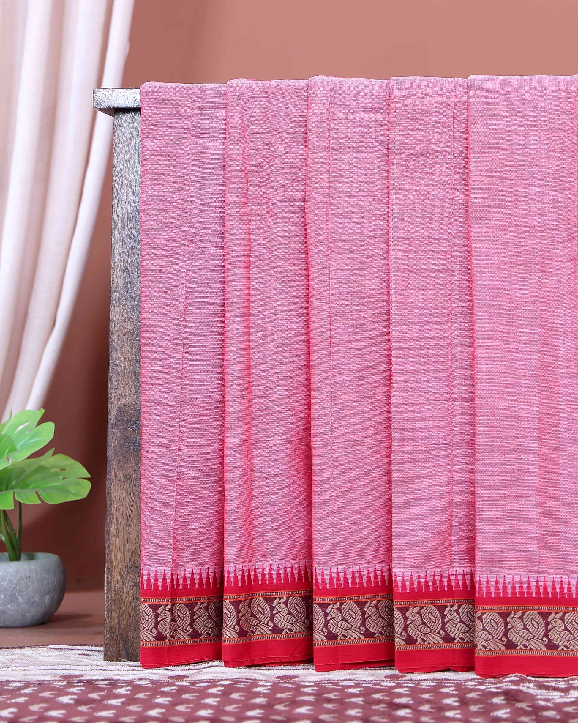Traditional Narayanpet Cotton Saree with Temple Border Intricate Zari Floral Motifs & Fine Handloom Texture Weave - Pink