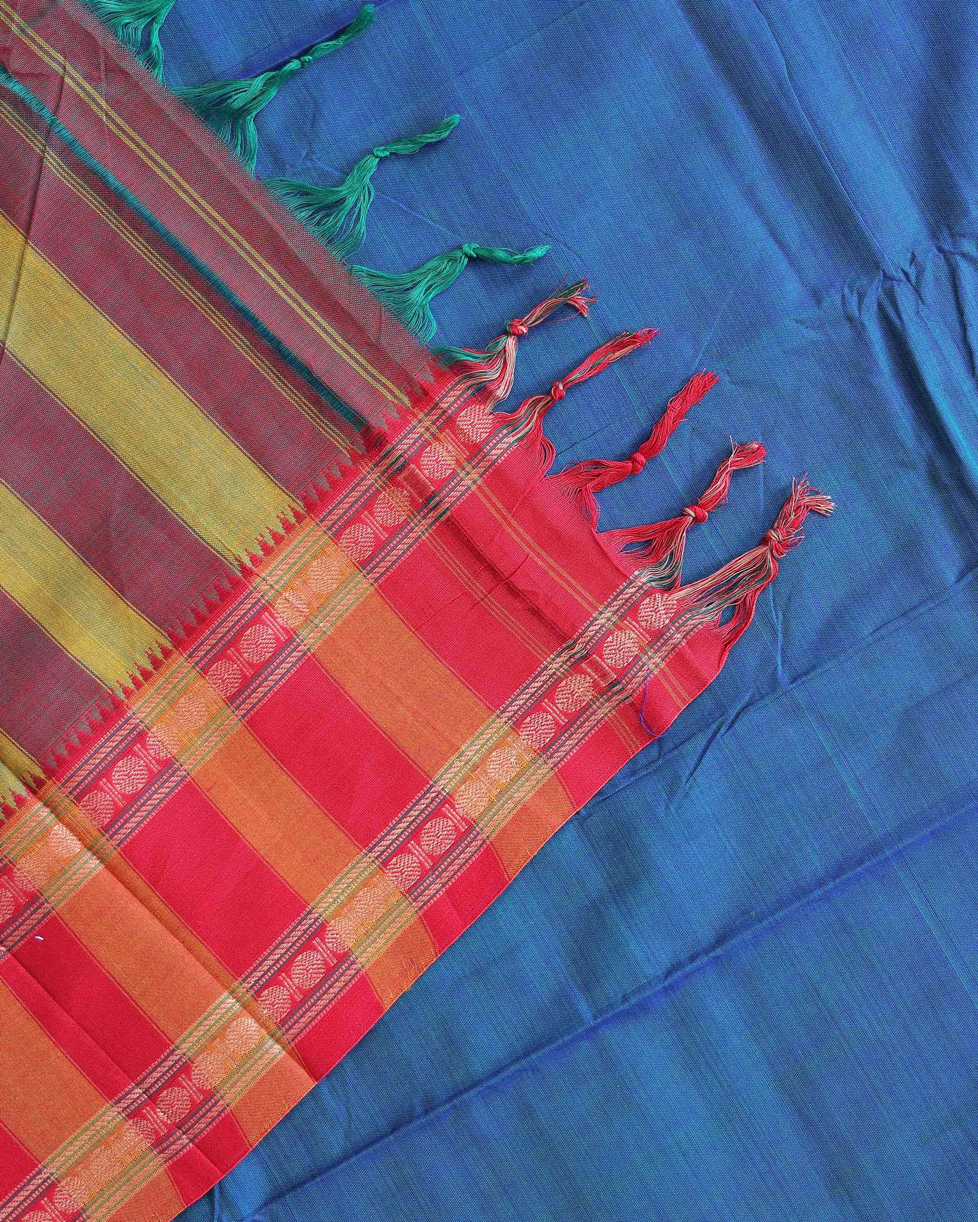 Traditional Narayanpet Cotton Saree with Traditional Contrast Temple Border - Blue