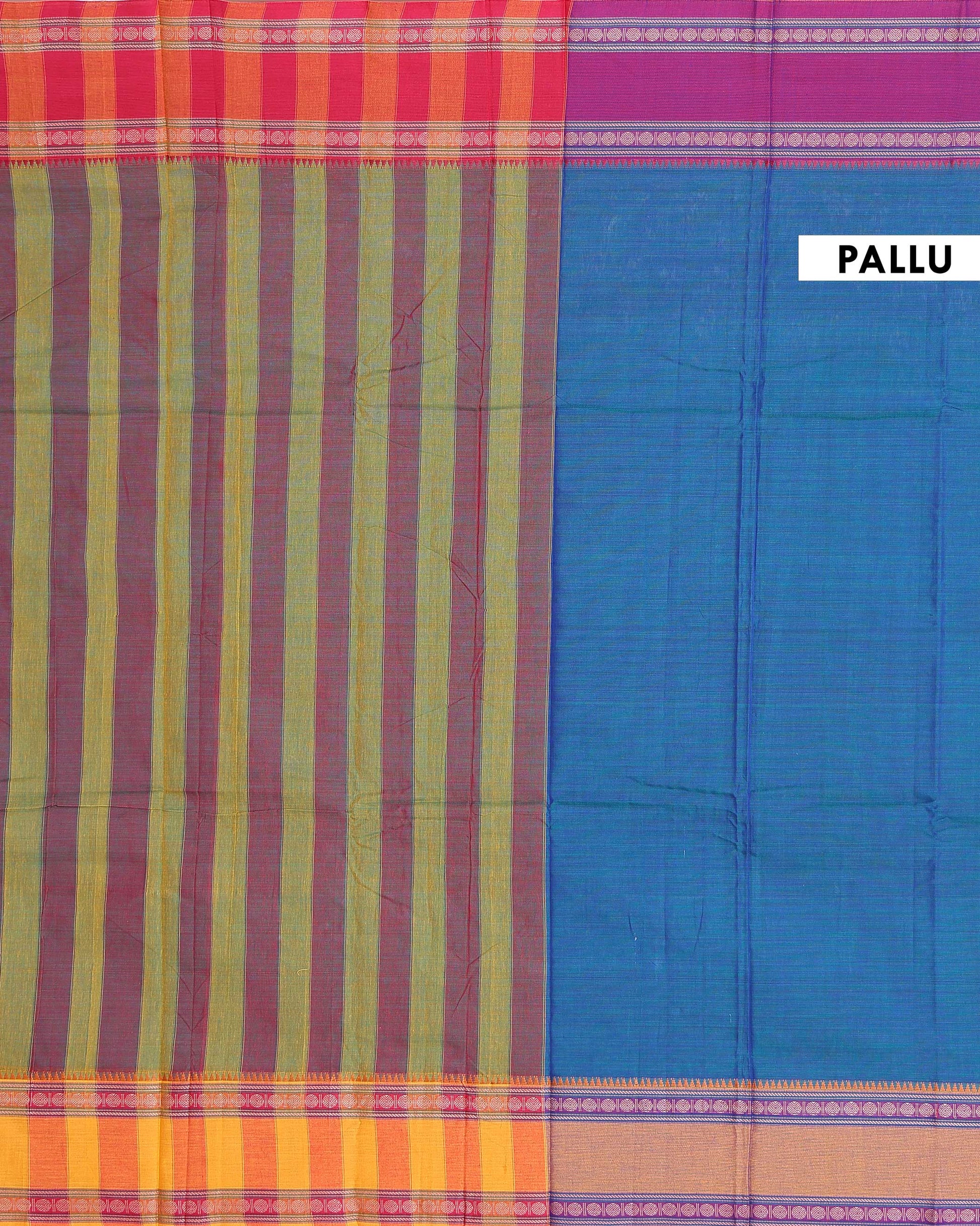 Traditional Narayanpet Cotton Saree with Traditional Contrast Temple Border - Blue