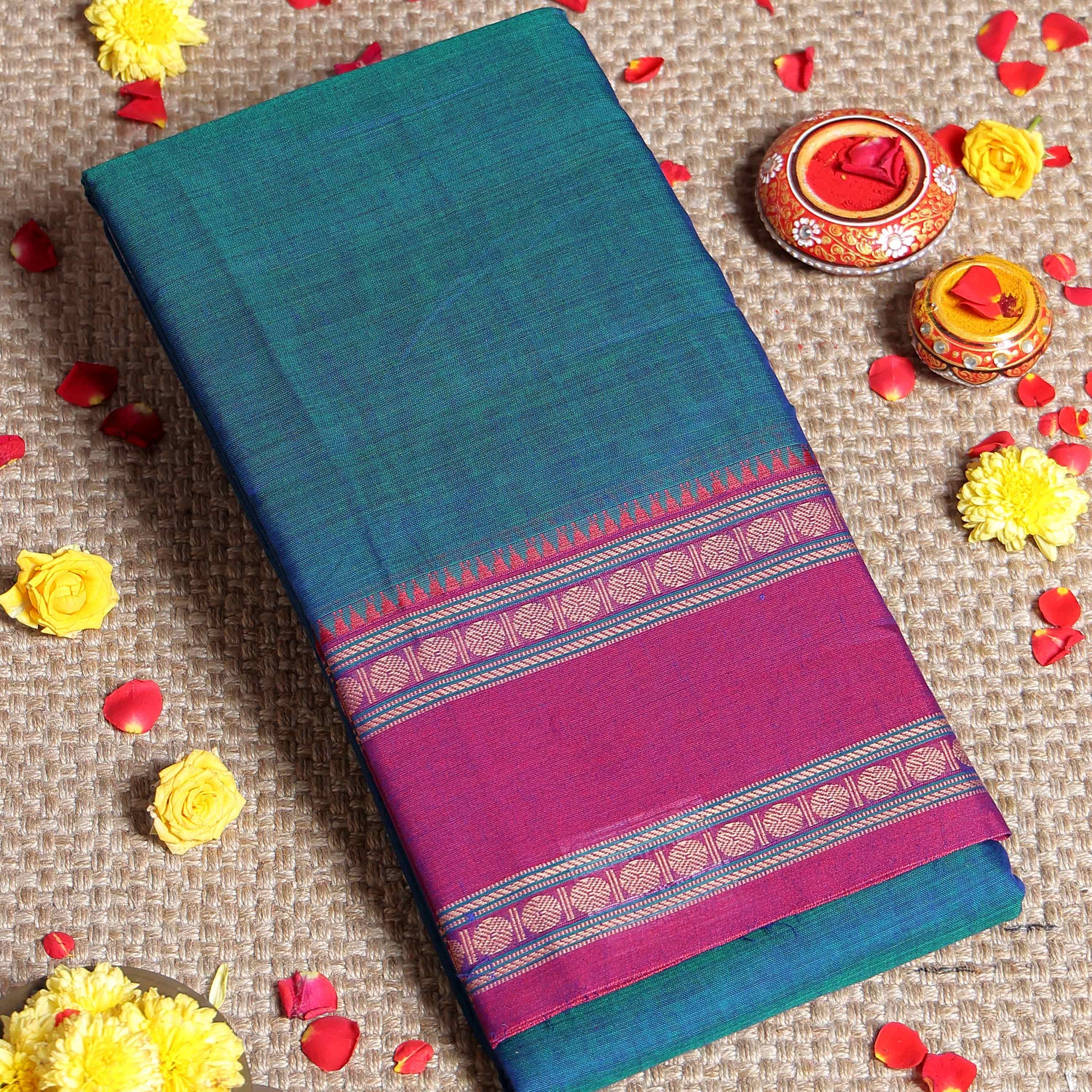Traditional Narayanpet Cotton Saree with Traditional Contrast Temple Border - Blue