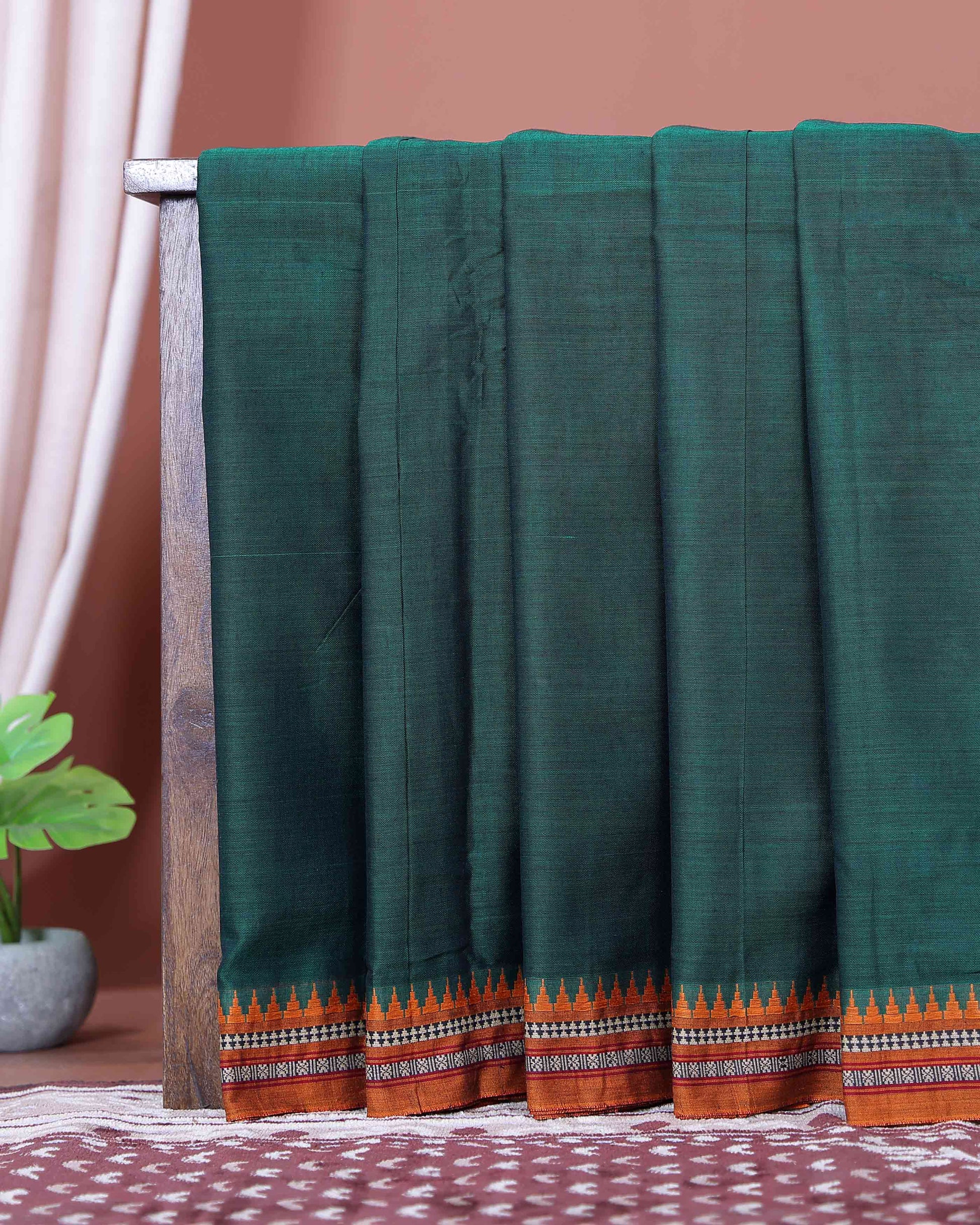 Traditional Narayanpet Cotton Saree with Traditional Temple Border and Fine Zari Style Geometric Weave - Green