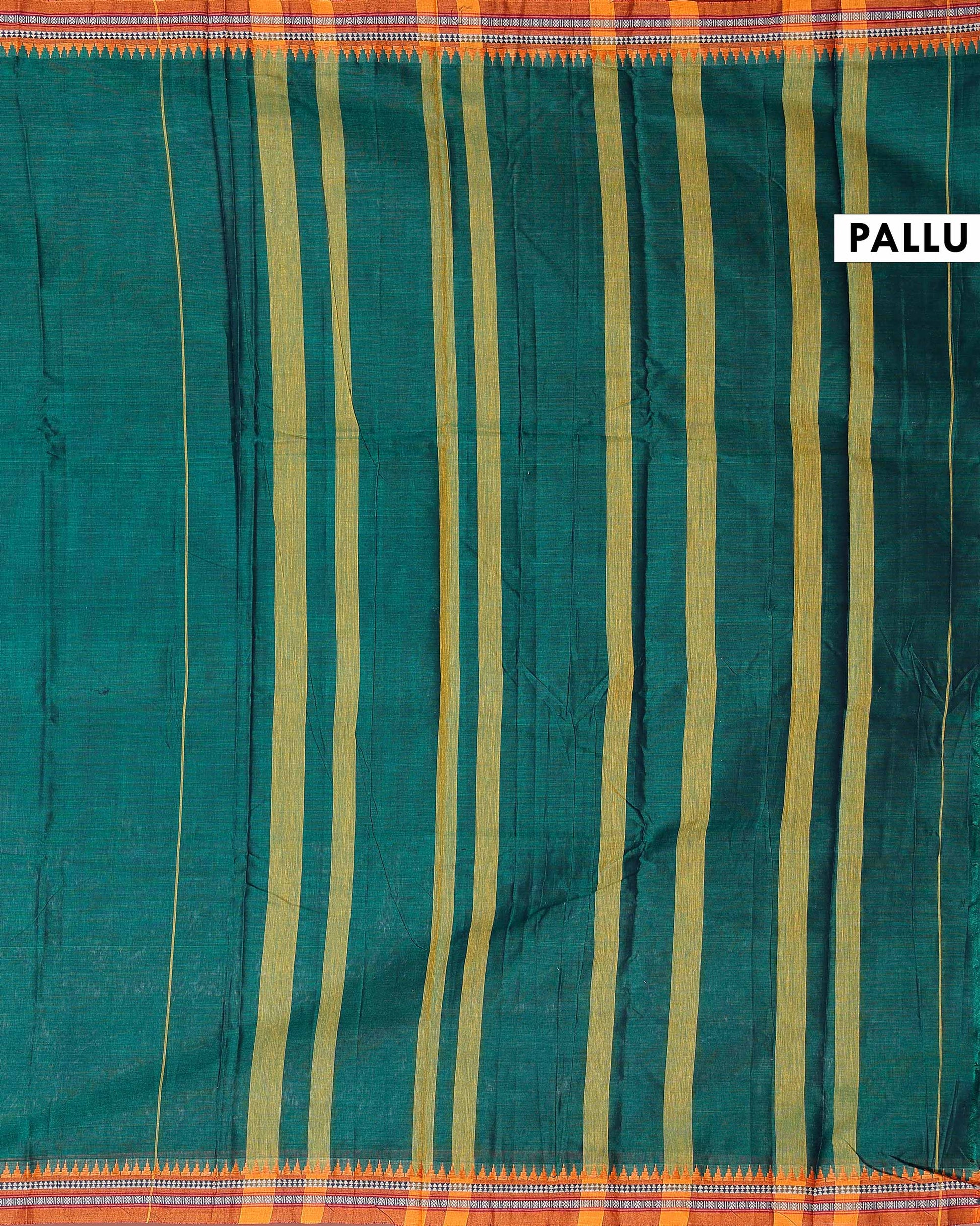 Traditional Narayanpet Cotton Saree with Traditional Temple Border and Fine Zari Style Geometric Weave - Green