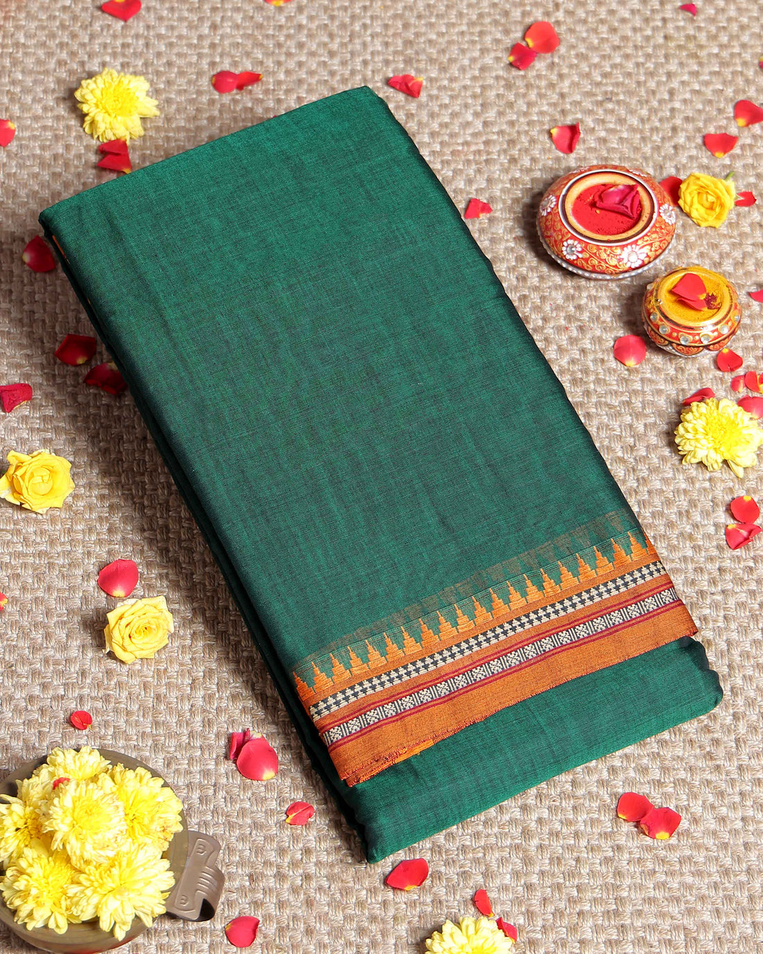 Traditional Narayanpet Cotton Saree with Traditional Temple Border and Fine Zari Style Geometric Weave - Green