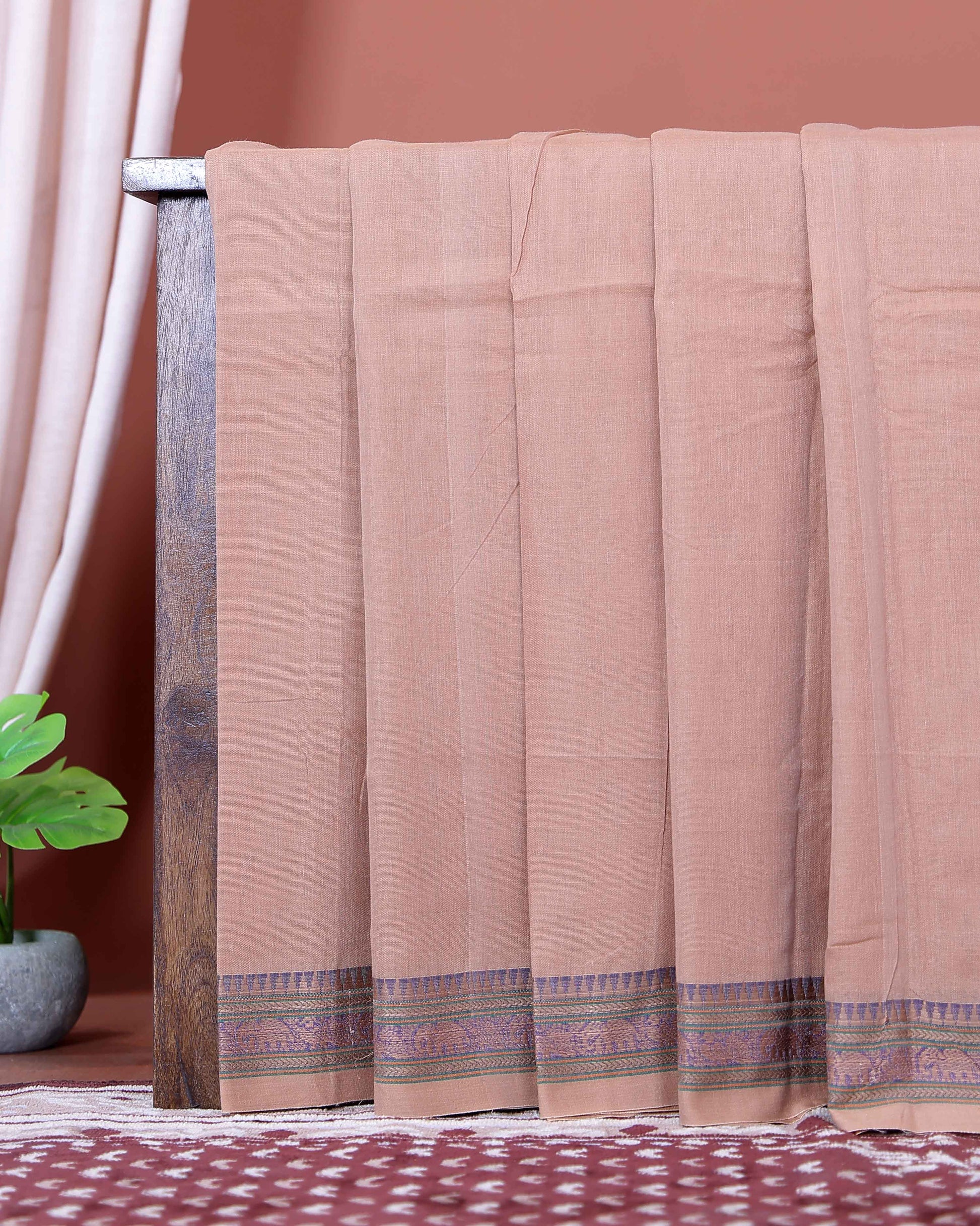 Traditional Narayanpet Cotton Saree with Traditional Temple Border and Intricate Elephant Motif Weave - Beige