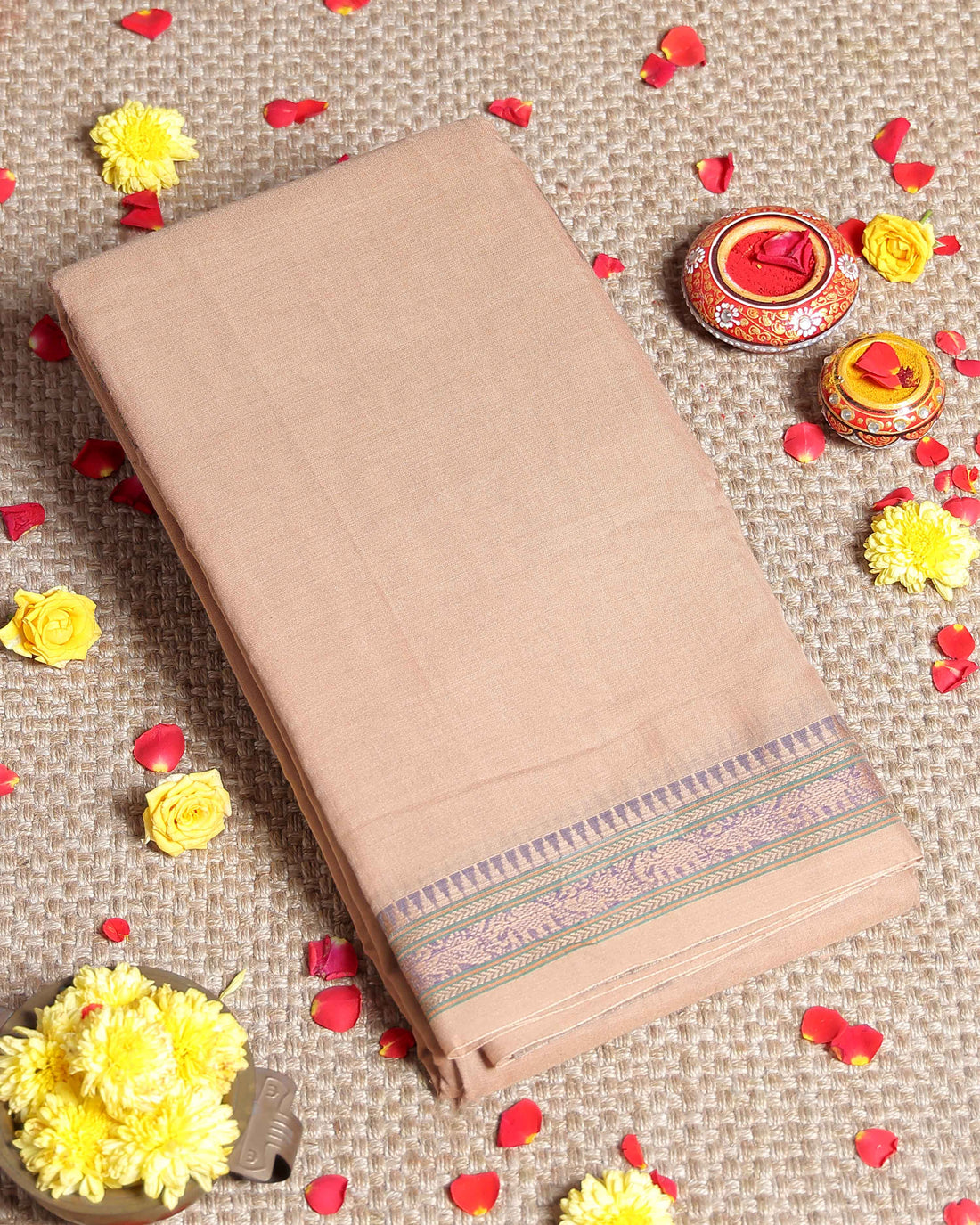 Traditional Narayanpet Cotton Saree with Traditional Temple Border and Intricate Elephant Motif Weave - Beige