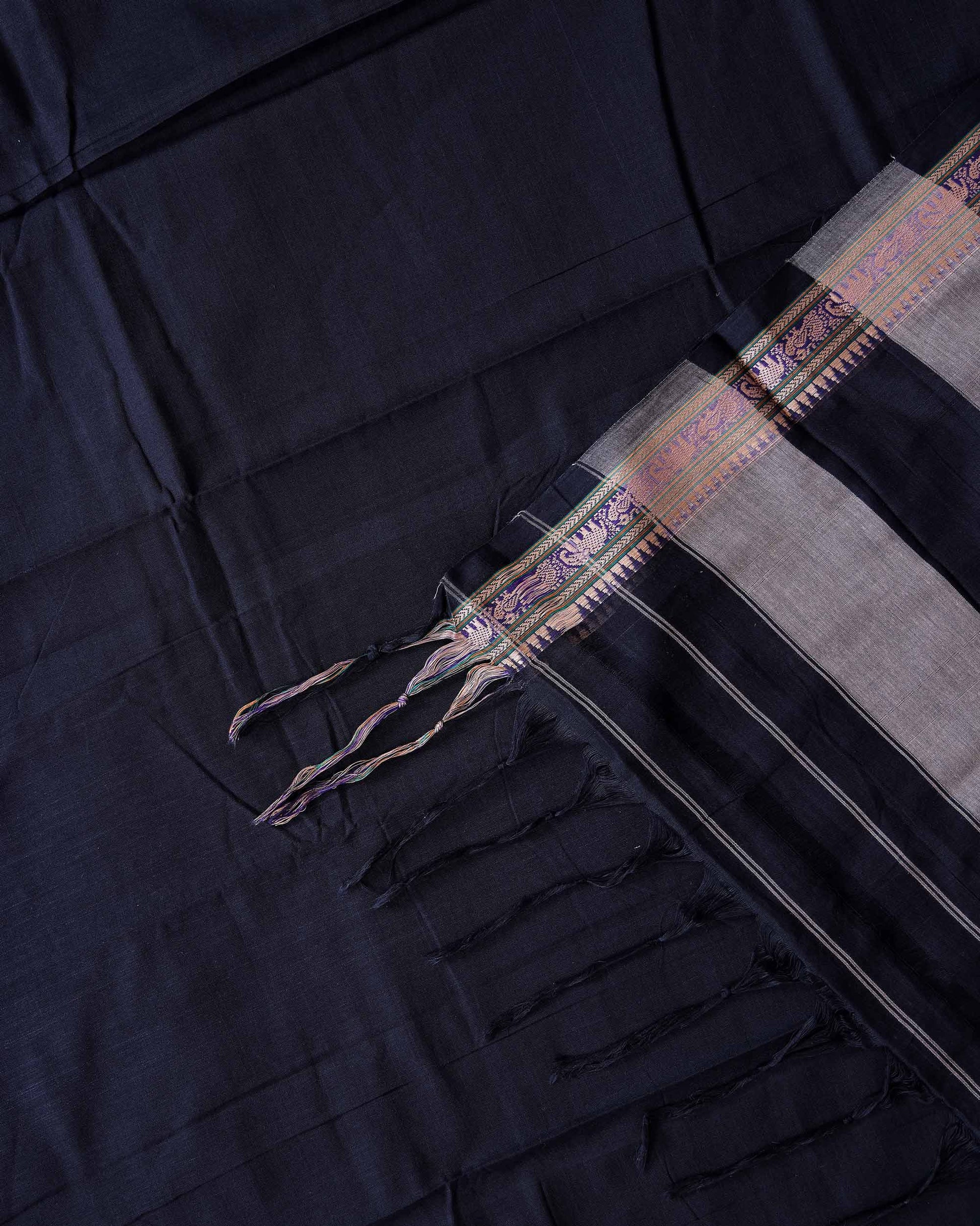 Traditional Narayanpet Cotton Saree with Traditional Temple Border and Intricate Elephant Motif Weave - Black