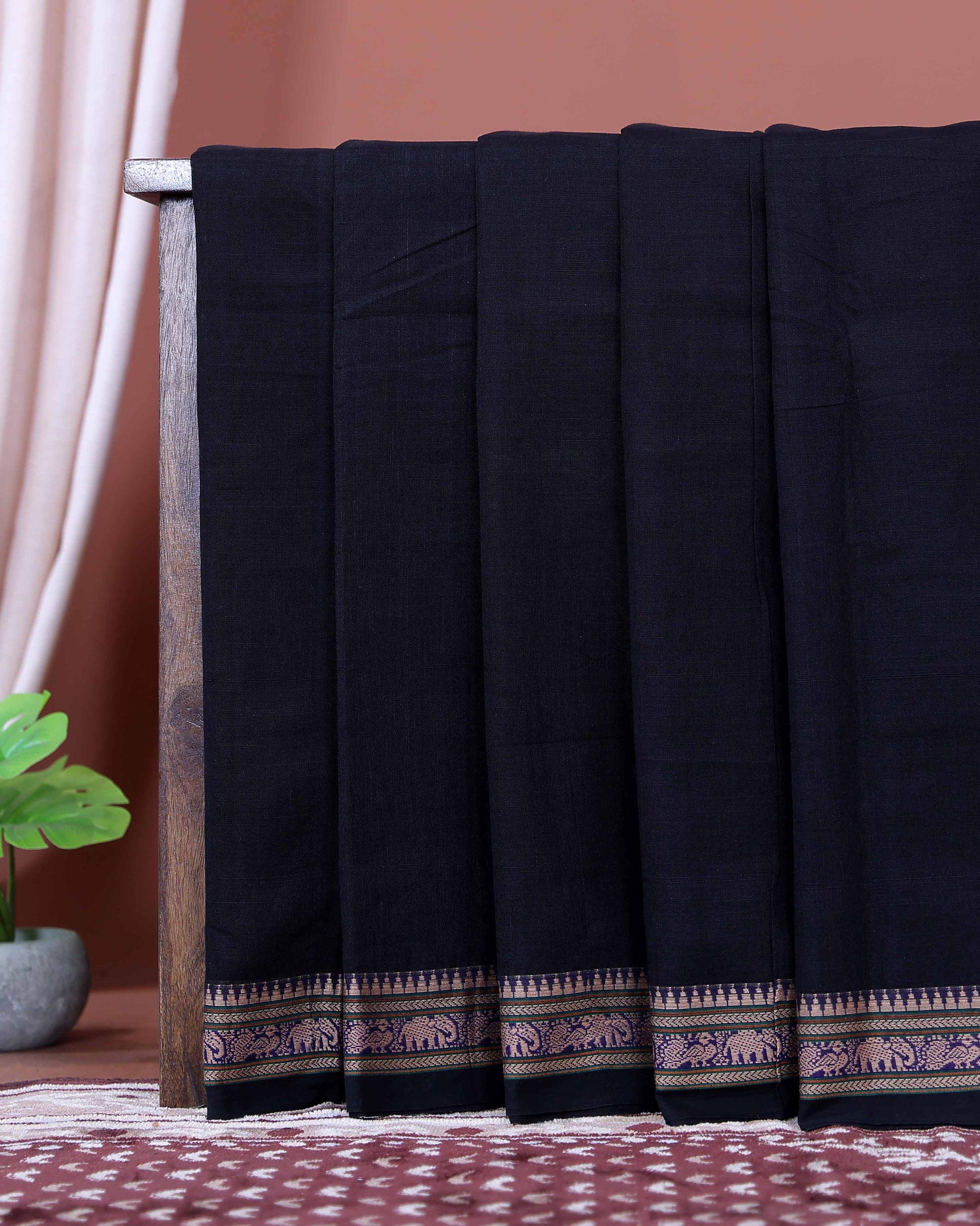 Traditional Narayanpet Cotton Saree with Traditional Temple Border and Intricate Elephant Motif Weave - Black