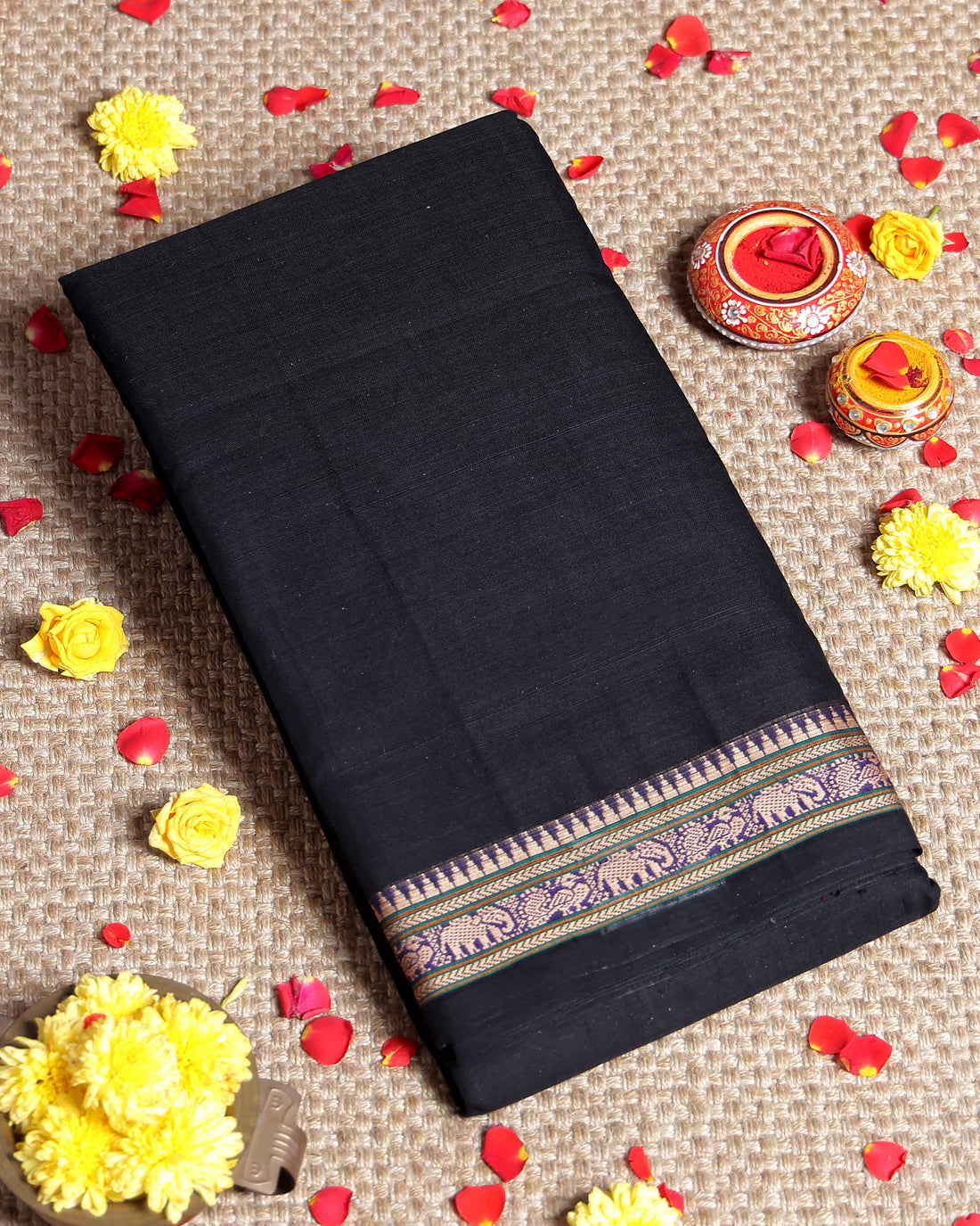 Traditional Narayanpet Cotton Saree with Traditional Temple Border and Intricate Elephant Motif Weave - Black
