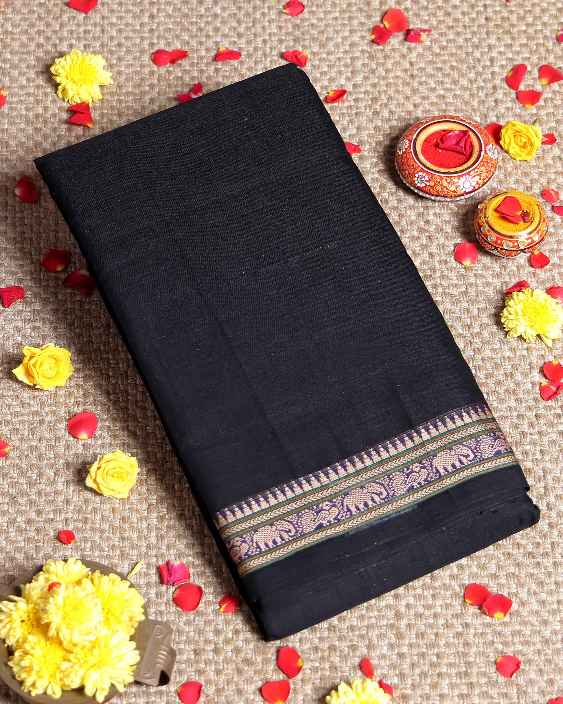 Traditional Narayanpet Cotton Saree with Traditional Temple Border and Intricate Elephant Motif Weave - Black