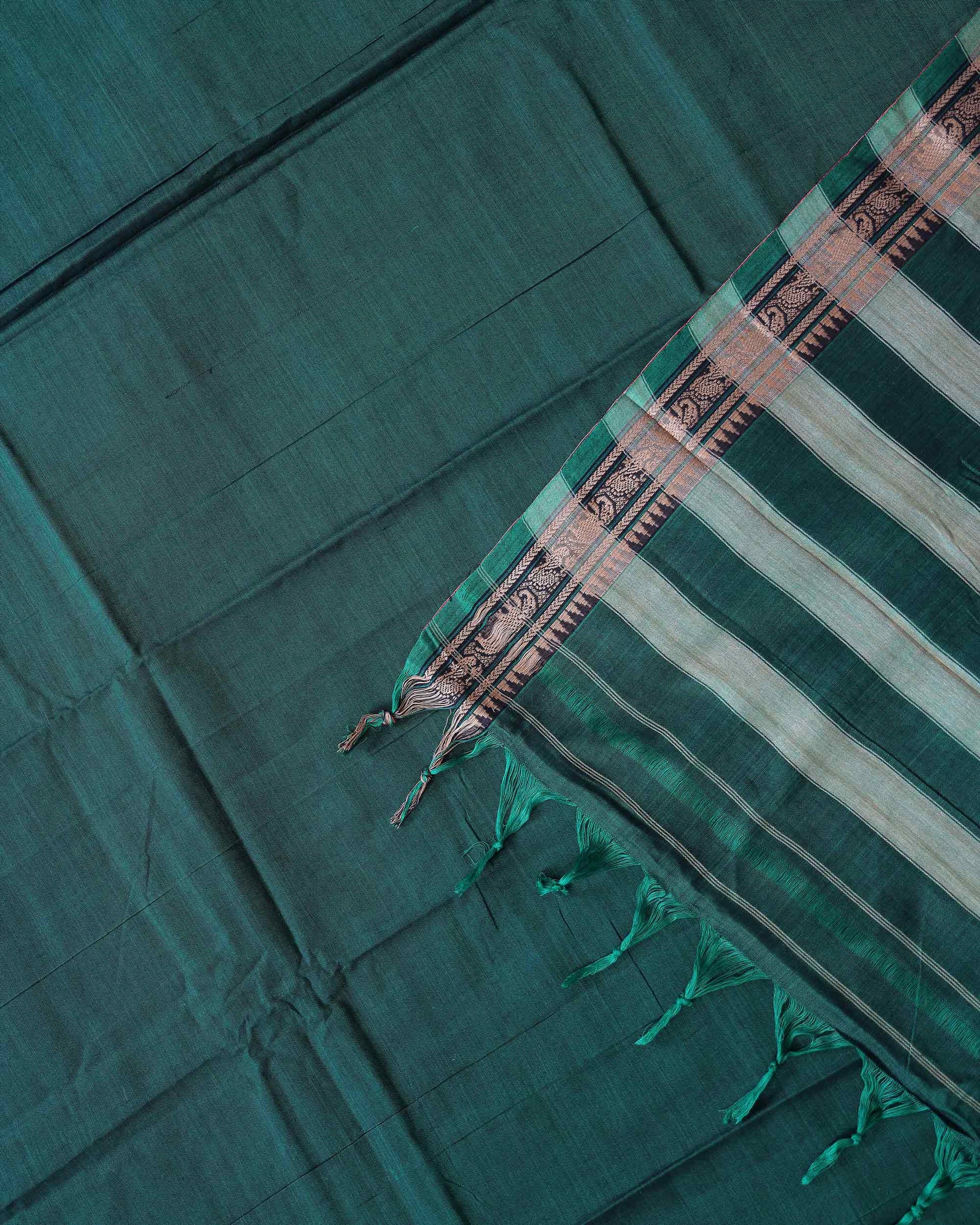 Traditional Narayanpet Cotton Saree with Traditional Temple Border and Intricate Elephant Motif Weave - Green