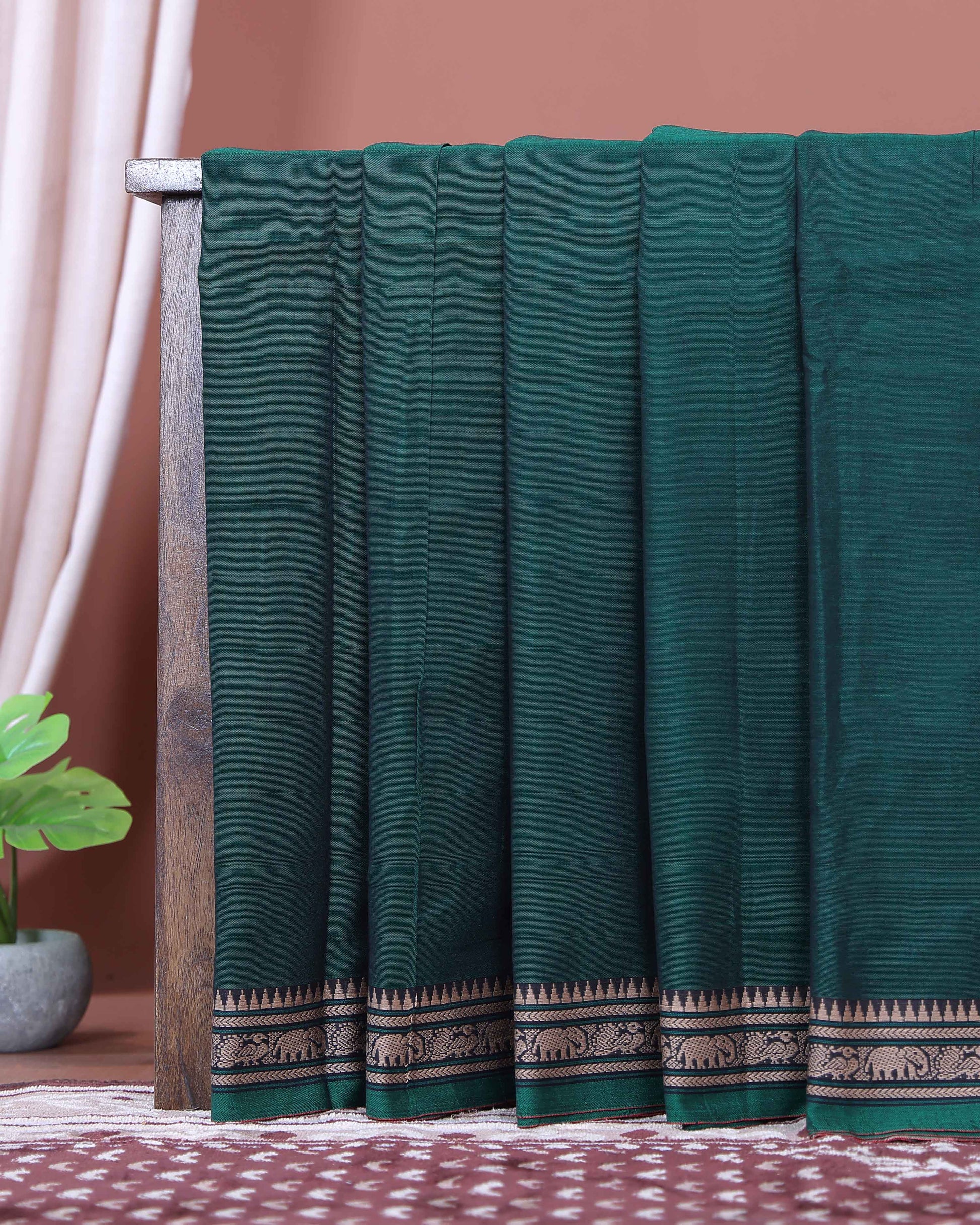 Traditional Narayanpet Cotton Saree with Traditional Temple Border and Intricate Elephant Motif Weave - Green