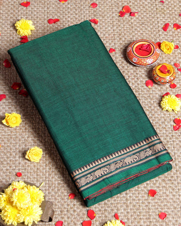Traditional Narayanpet Cotton Saree with Traditional Temple Border and Intricate Elephant Motif Weave - Green