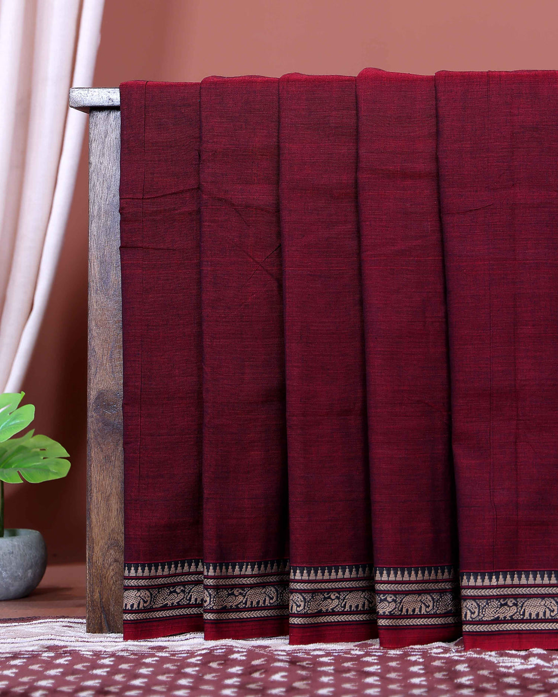 Traditional Narayanpet Cotton Saree with Traditional Temple Border and Intricate Elephant Motif Weave - Maroon