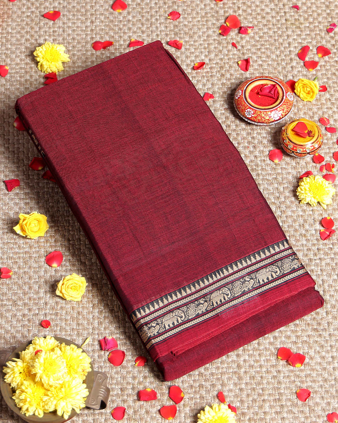 Traditional Narayanpet Cotton Saree with Traditional Temple Border and Intricate Elephant Motif Weave - Maroon