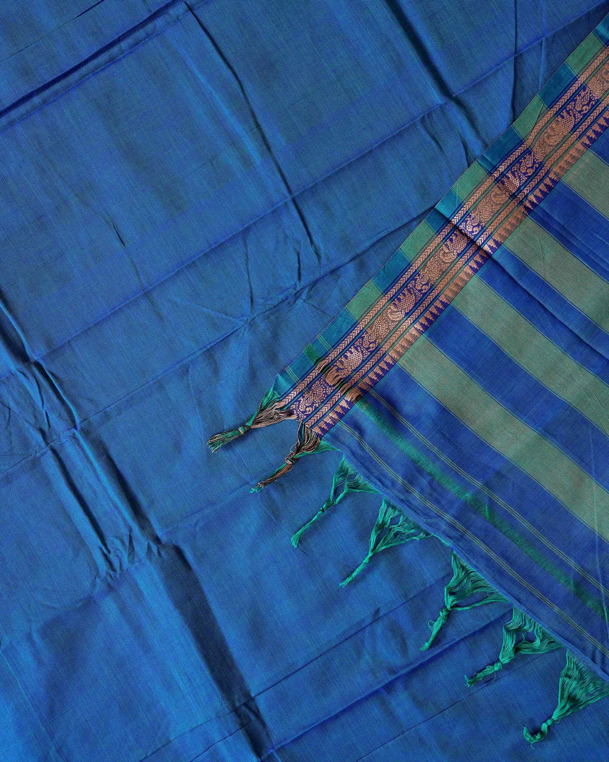 Traditional Narayanpet Cotton Saree with Traditional Temple Border and Intricate Elephant Motif Weave - Teal