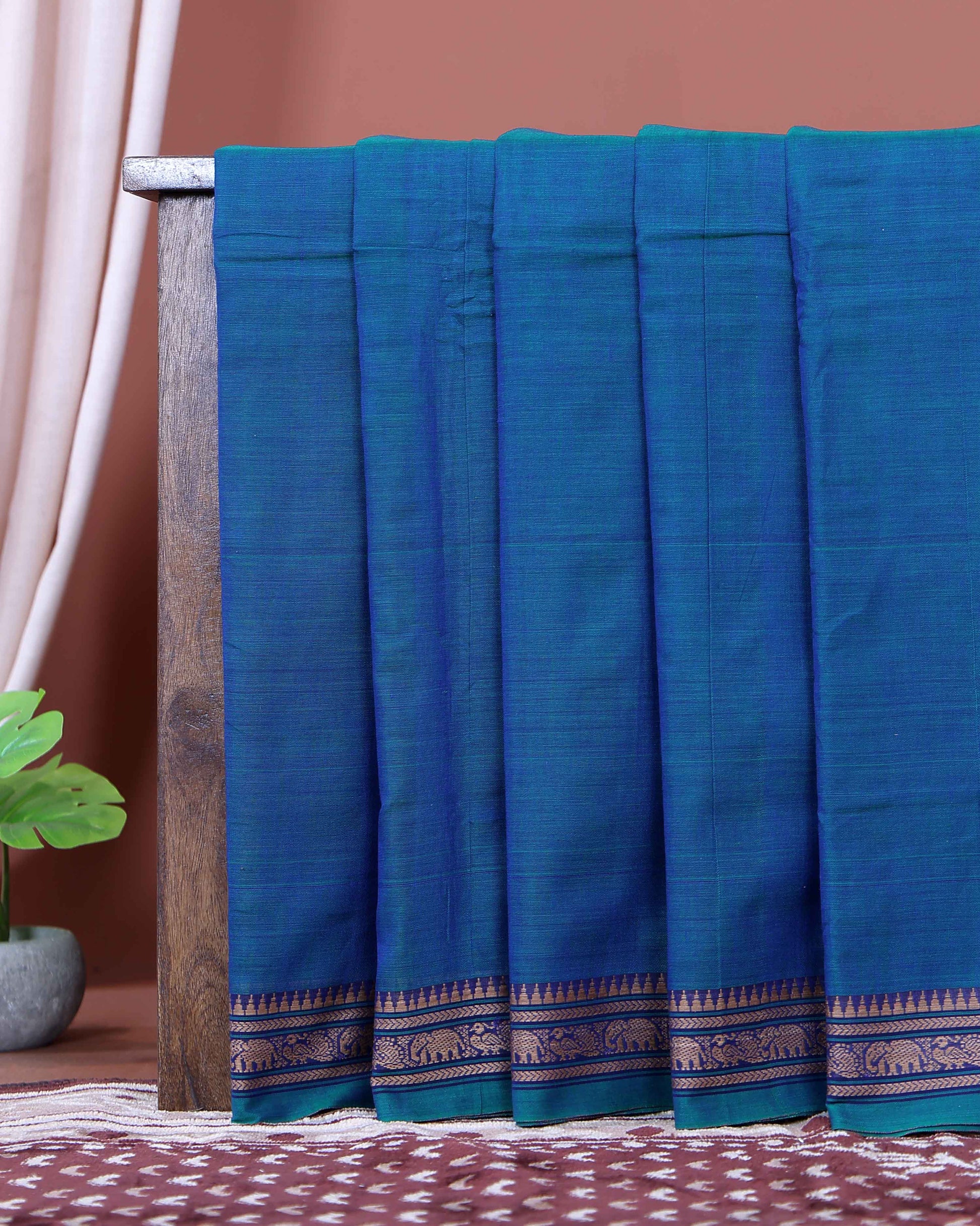 Traditional Narayanpet Cotton Saree with Traditional Temple Border and Intricate Elephant Motif Weave - Teal