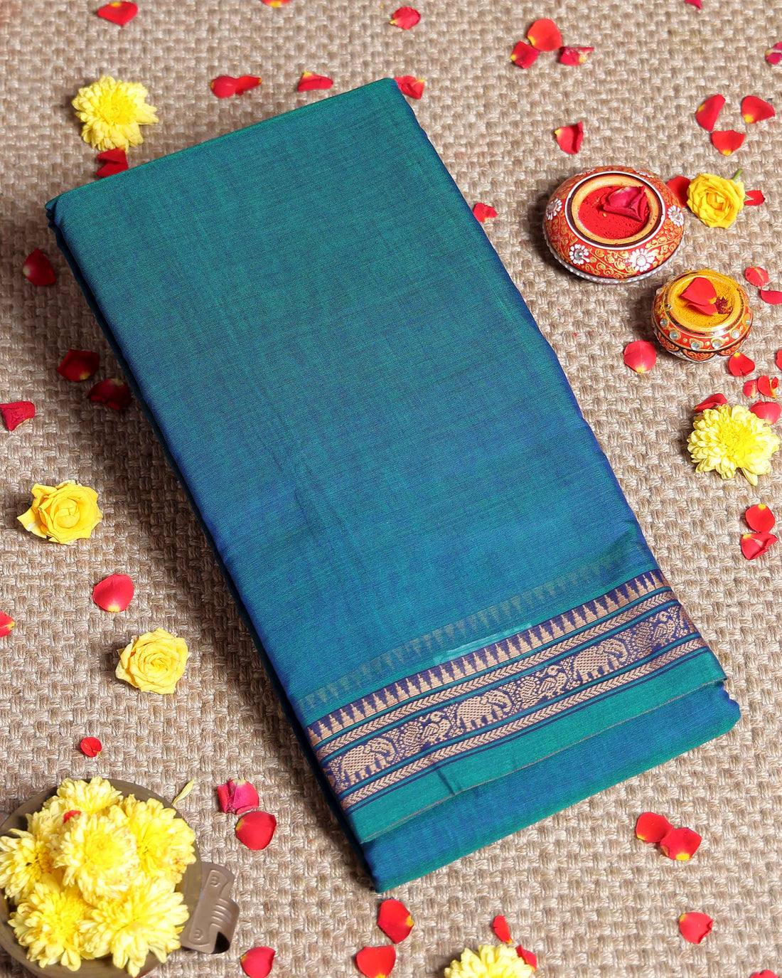Traditional Narayanpet Cotton Saree with Traditional Temple Border and Intricate Elephant Motif Weave - Teal