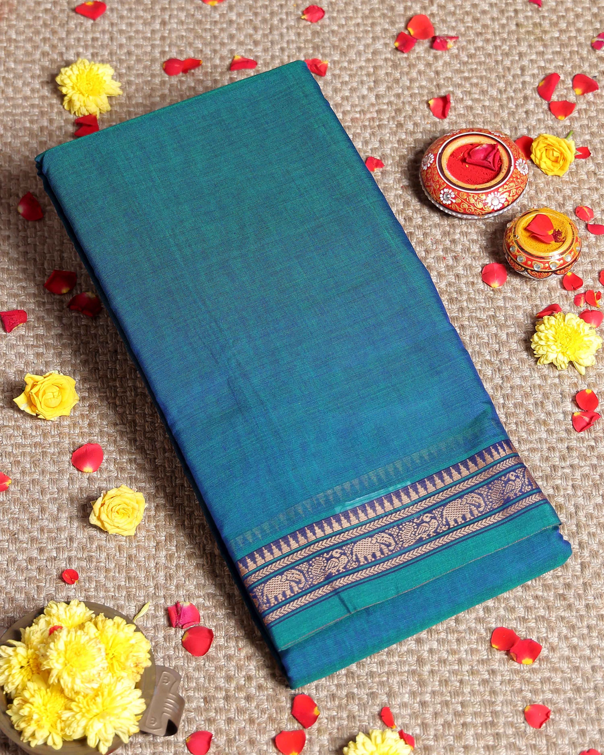 Traditional Narayanpet Cotton Saree with Traditional Temple Border and Intricate Elephant Motif Weave - Teal