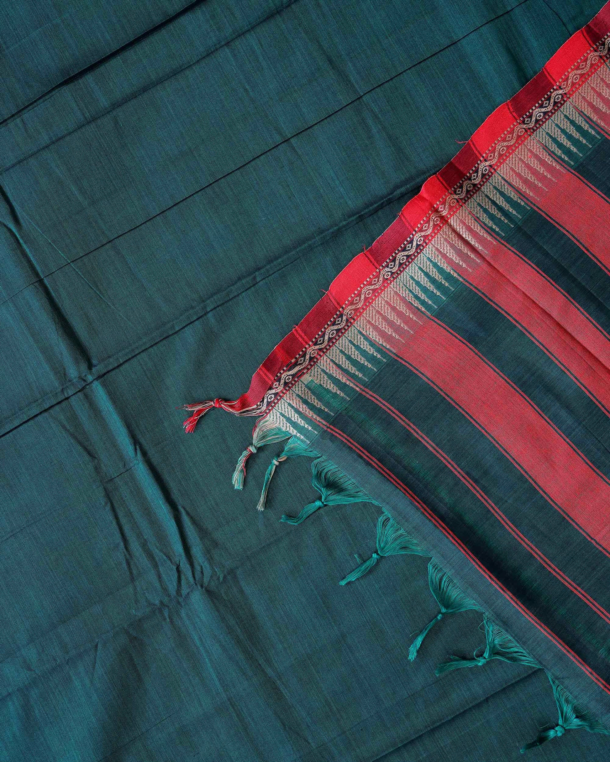 Traditional Narayanpet Cotton Saree with Traditional Temple Border and Intricate Geometric Zari Style - Dark Green